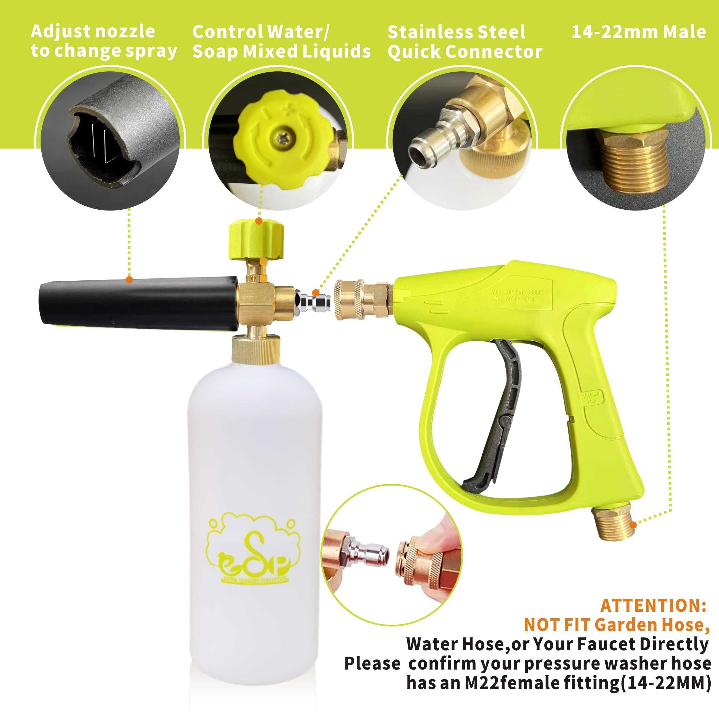 ESP - Pistola de espuma para lavado de coche, pistola de agua de alta presión, generador de espuma, pistola de espuma de lavado de nieve, 5 boquillas, adaptador M22 con botella de 1 litro, guantes de