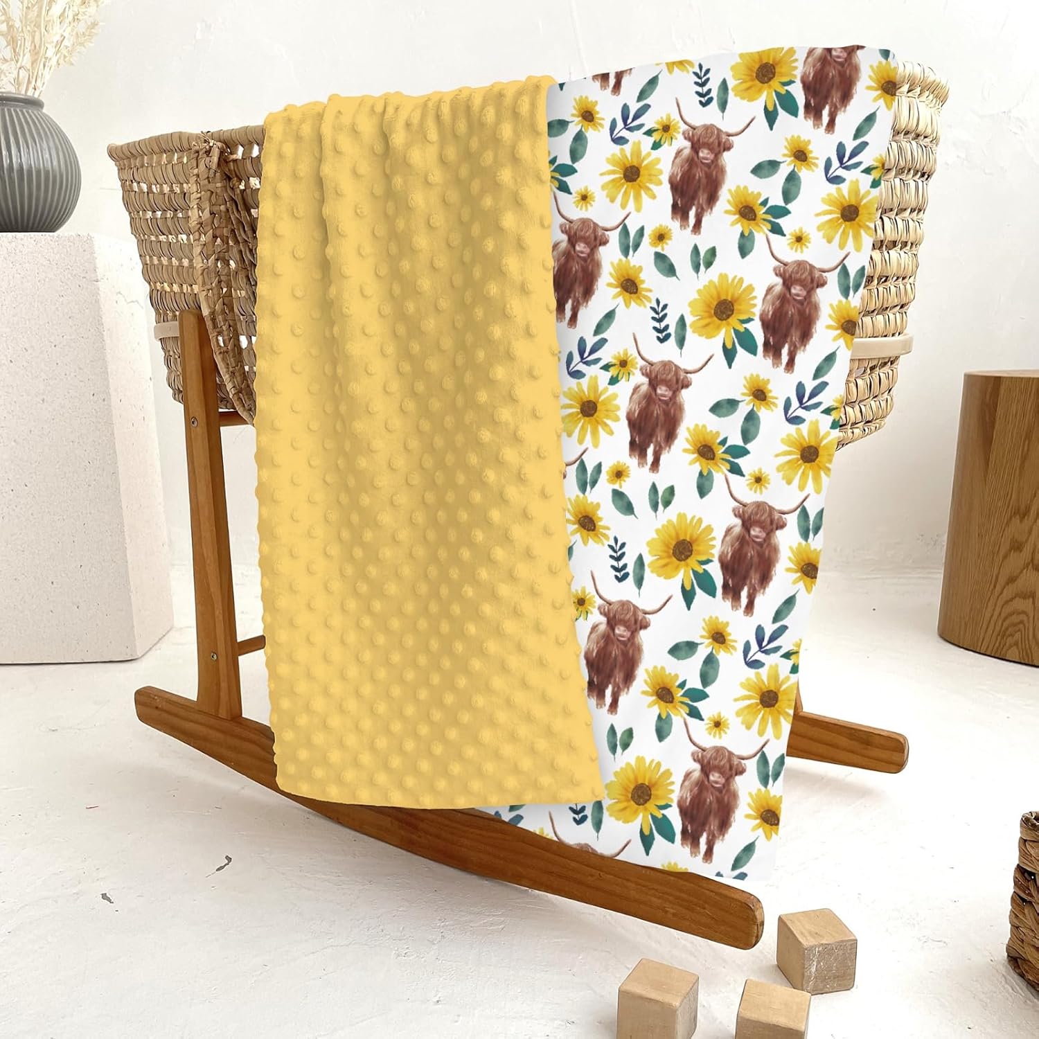 Highland Cow Yellow Sunflowers Baby Blankets for Girl Boy Highland Yak Boho Floral Soft Mink Dotted Backing Double Layer Swaddle Blanket Vintage Farm Animal Bed Throws for Newborn Toddler Crib 30x40 - Image 6