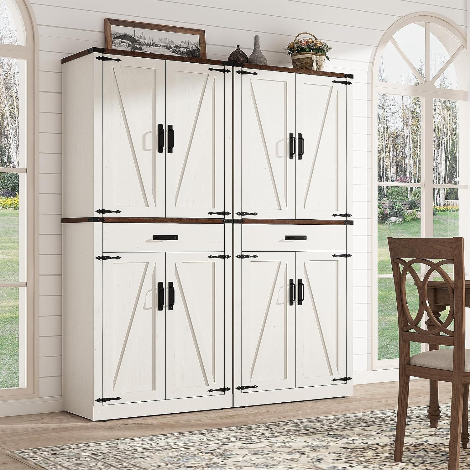 72" Tall Farmhouse Kitchen Pantry Cabinet with Drawer, Rustic Wood Cupboard Storage Cabinet w/Organizer and 4 Barn Doors, Storage Cabinet for Kitchen, Dining Room, Living Room, Rustic White