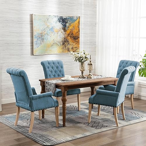 Miniatura 7 de LOULENS Sillas de comedor de tela, sillas tapizadas con reposabrazos capitoné, sillas decorativas con ribete de cabeza de clavo, patas de madera