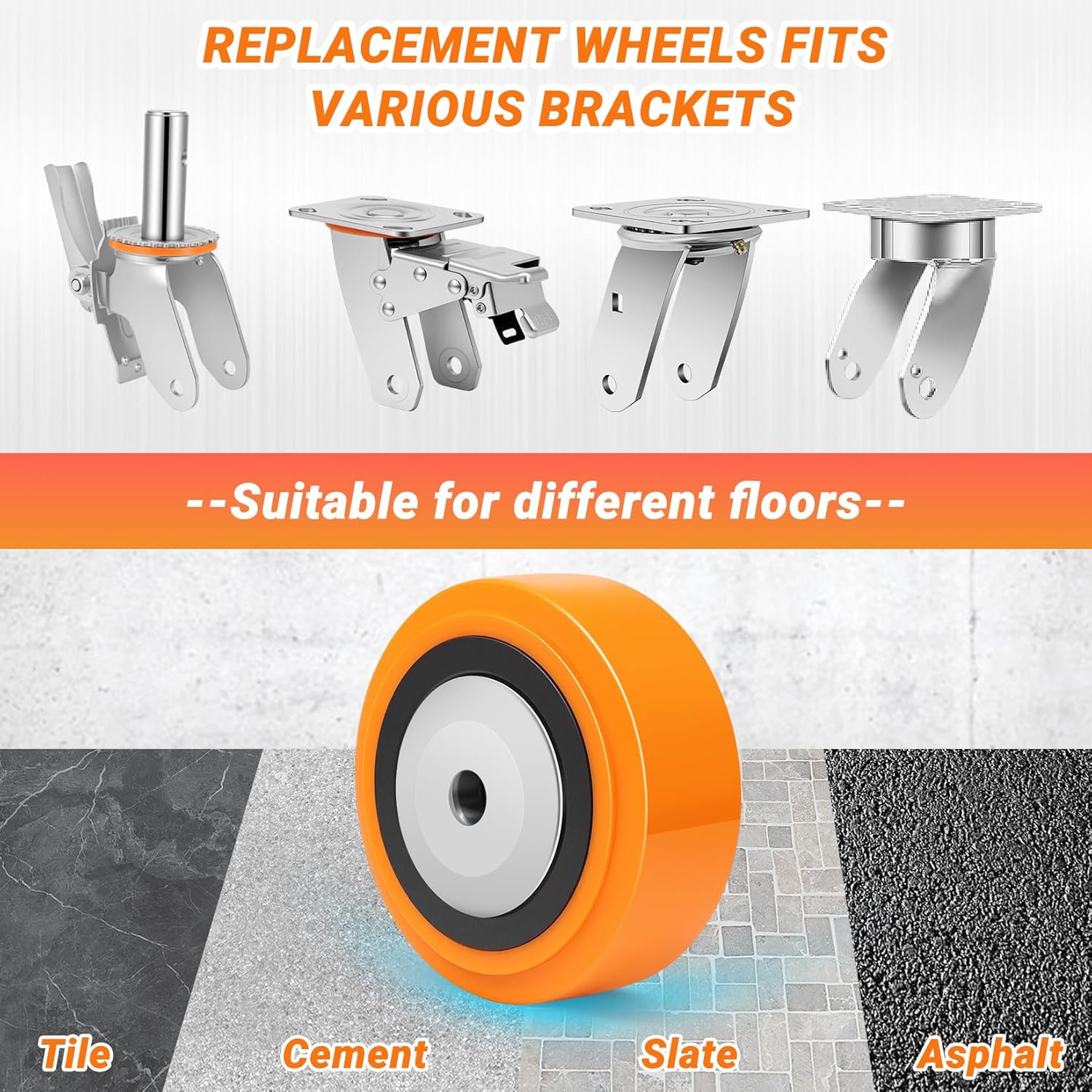 5'' x 2'' Heavy Duty Replacement Wheels, 1/2'' Bore Thick Polyurethane Wheels on Polyolefin Core with Roller Bearing, Non-Marking Wheels 3200 LBS Capacity, Use for Cabinet, Trucks(4 Pack)