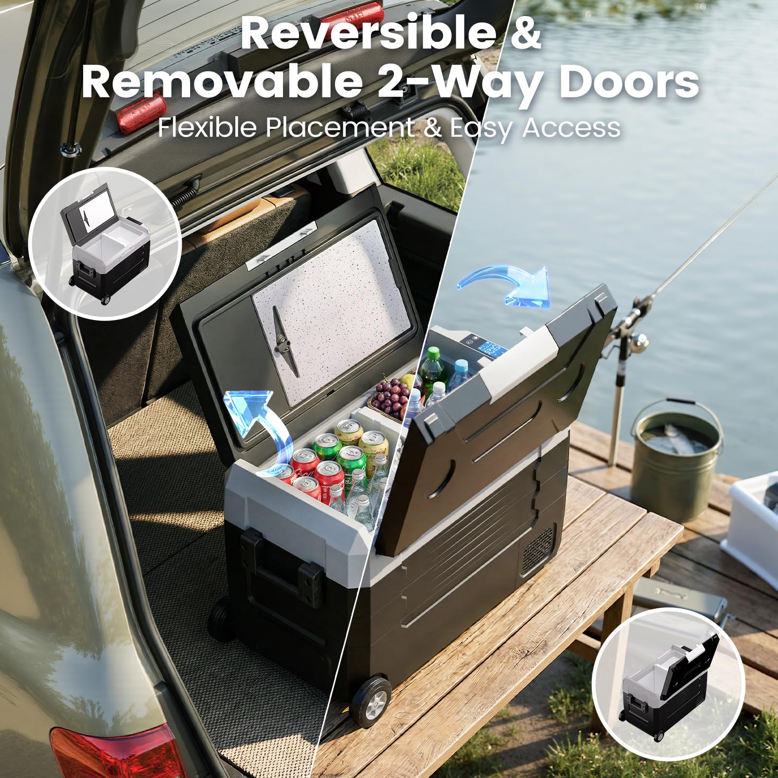 KROAK 45L Kompressor-Kühlbox mit Bluetooth-App, Dual-Zone (-20°C bis +20°C) | elektrisch für 12V/24V/230V – mit Rollen, Trennwand & Schneidebrett – ideal für Camping, Auto, LKW, Wohnmobil