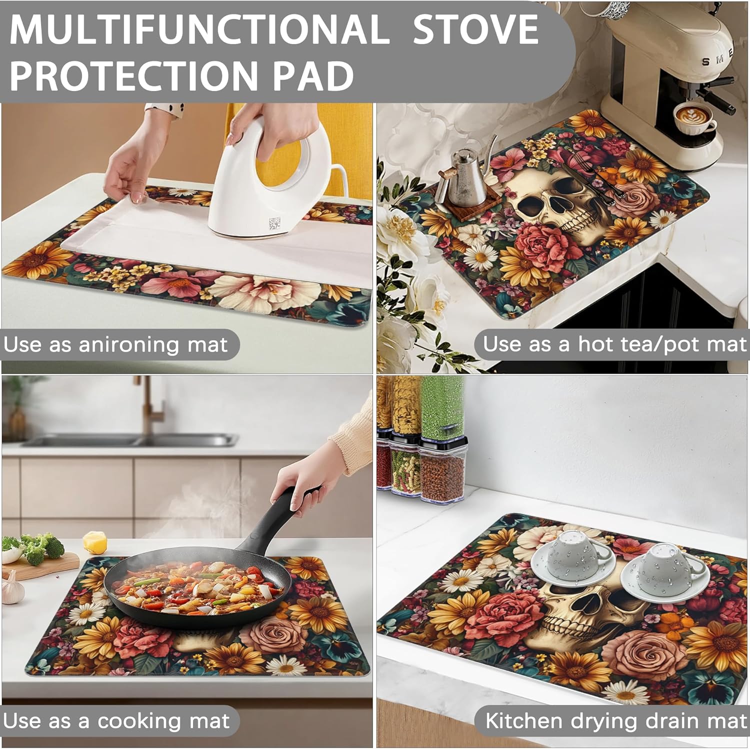 Decorative Electric Stove Cover - Gothic Skull Flower Design, Non-Slip Heat Resistant Protector for Smooth/Glass Top Stoves, Fits 28.5'' x 20.5'' (Not for Gas or Coil)
