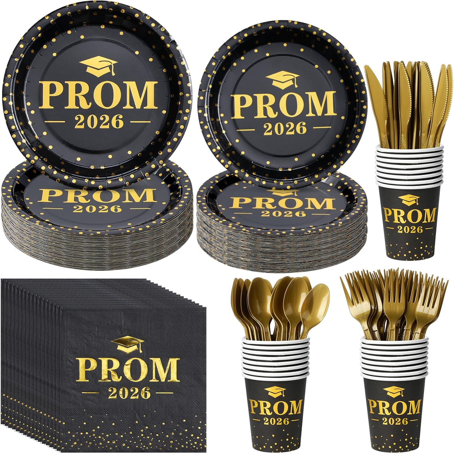 Graduation Party Supplies Plates and Napkins Serve 25,Prom Send off 2026 Disposable Paper Plates and Napkins Set Cups Knives Spoons for Class of 2026 Graduation Party Decorations Black and Gold