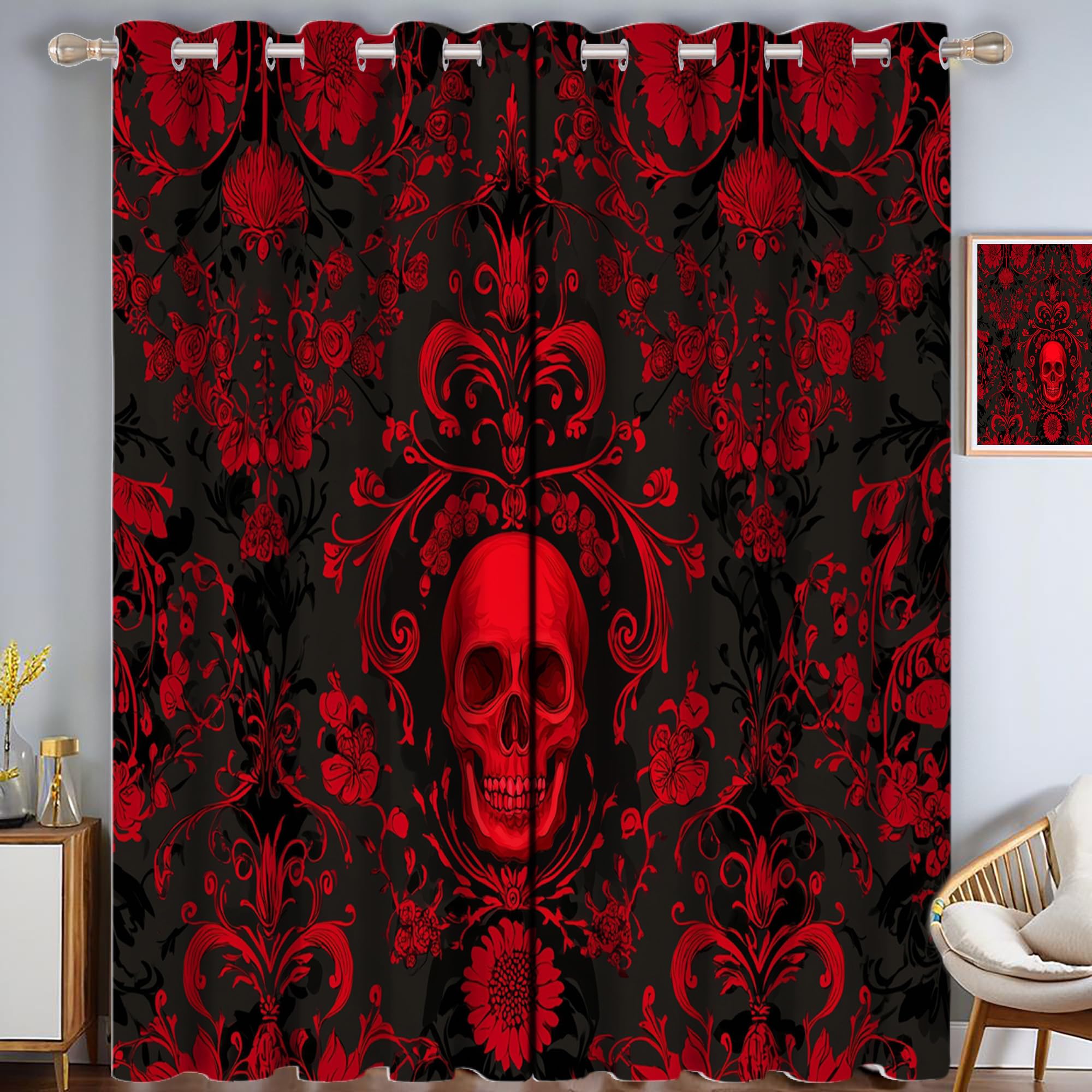 Rideau salon crâne rouge art déco rouge foncé pour changer l'ambiance de la chambre