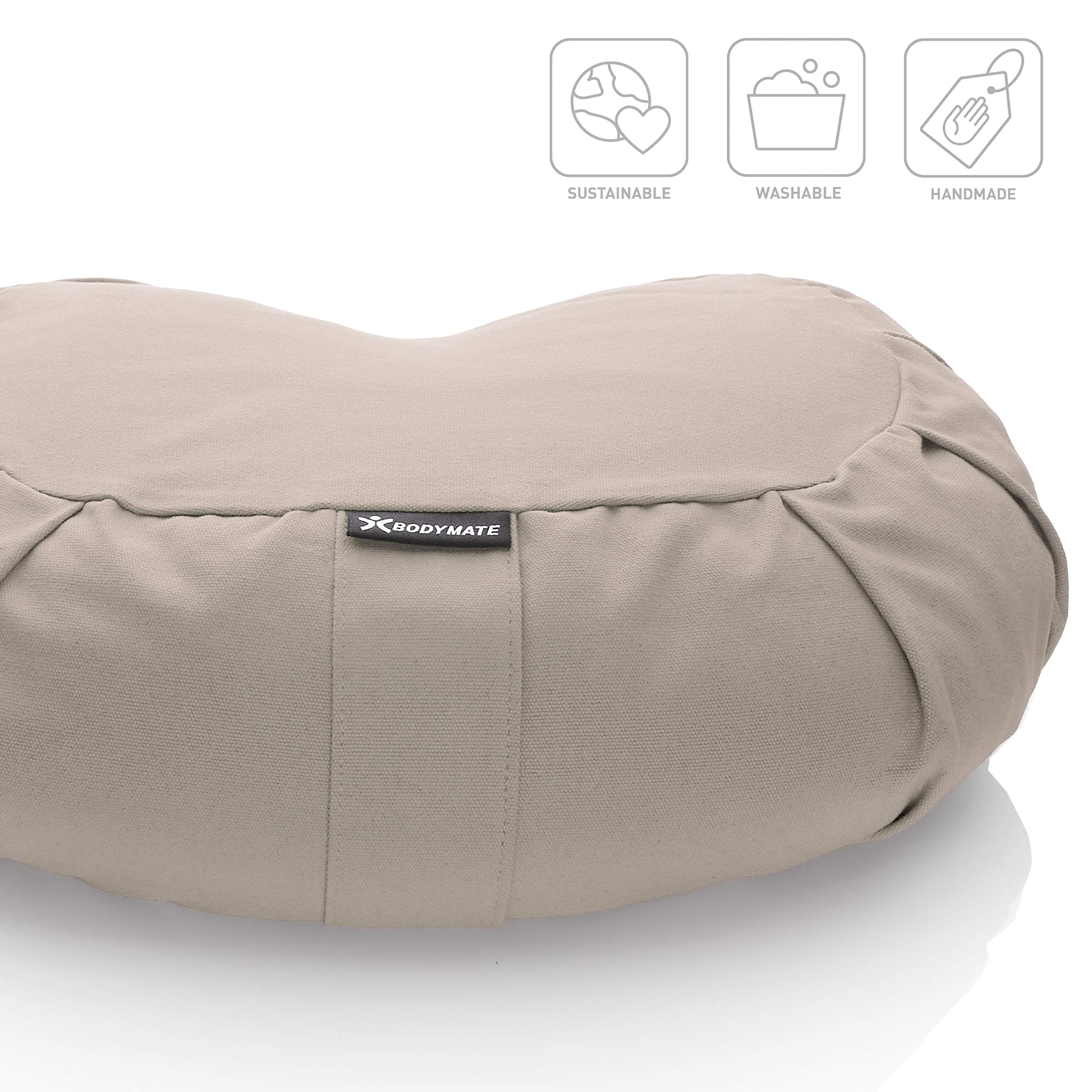 BODYMATE Cojín de yoga de media luna, 42 cm de largo, 30 cm de ancho y 15 cm de alto, con relleno de piel de trigo sarraceno, funda lavable a máquina, 100% algodón extragrueso, cojín de meditación