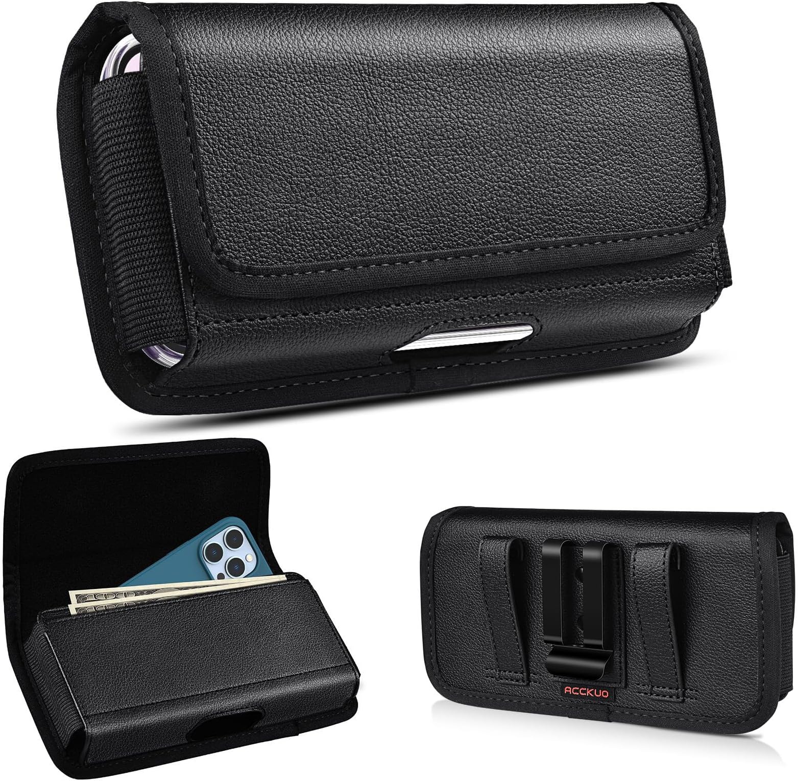 Leather Phone Holster for iPhone 14, 14 Pro, 13, 13 Pro, 12, 12 Pro, 11, 11 Pro, XR, Galaxy S23 S22 Cell Phone Belt Clip Holder Pouch Case with Card Slot, L - Black, AC-HPH1-L
