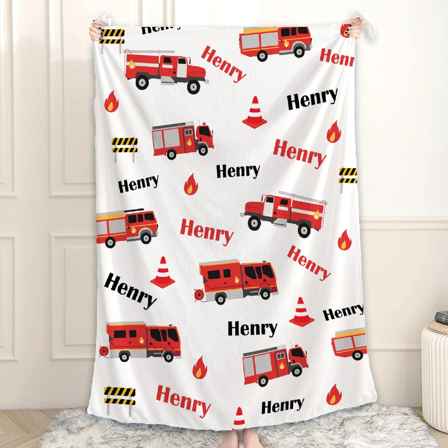 Ottoy Personalized Blanket Custom Fire Trucks Blankets for Boys Girls Kids Super