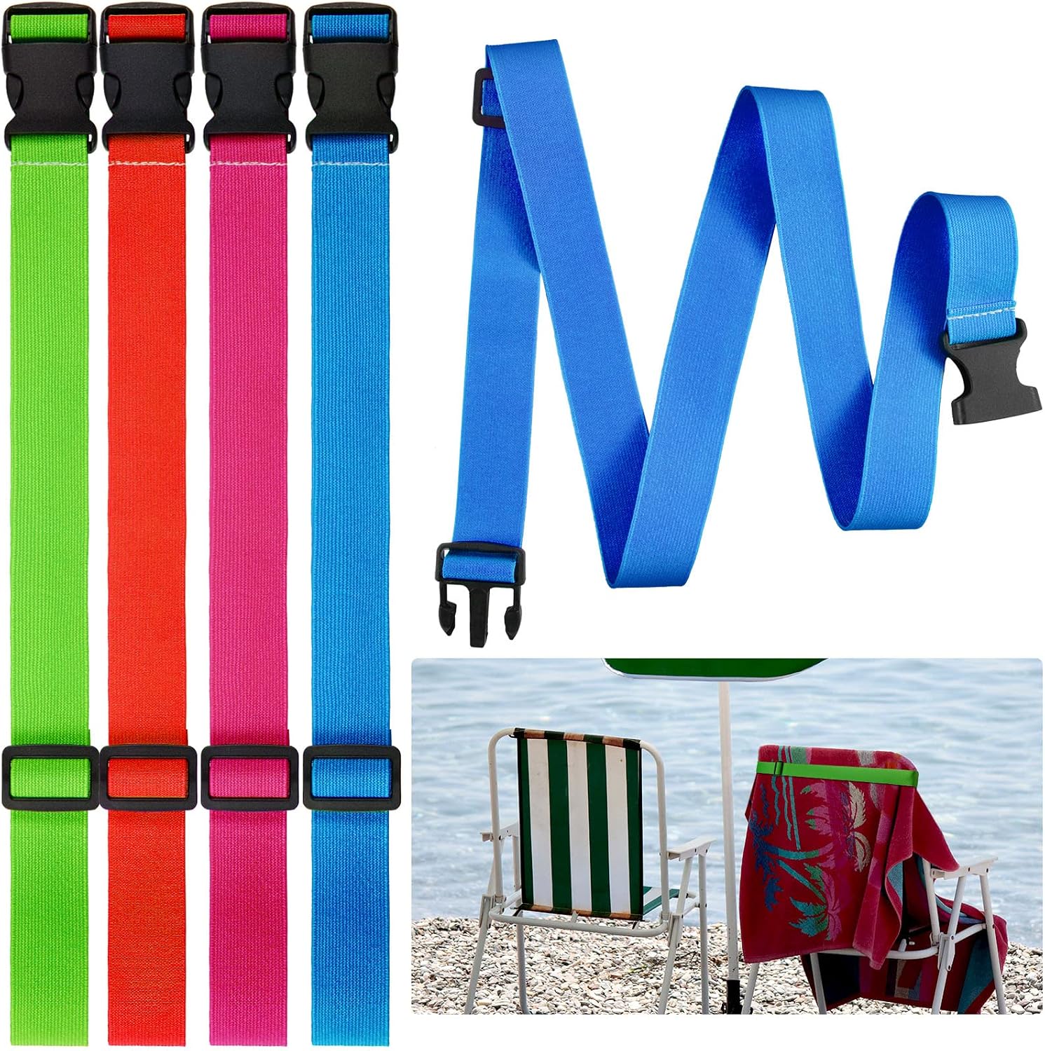 Boao 4 Pcs Towel Bands for Beach Chairs Adjustable Beach Towel Holder Elastic Chair Clips Straps for Pool Cruise Carnival Ship Travel Vacation Accessories Essentials, 4 Colors