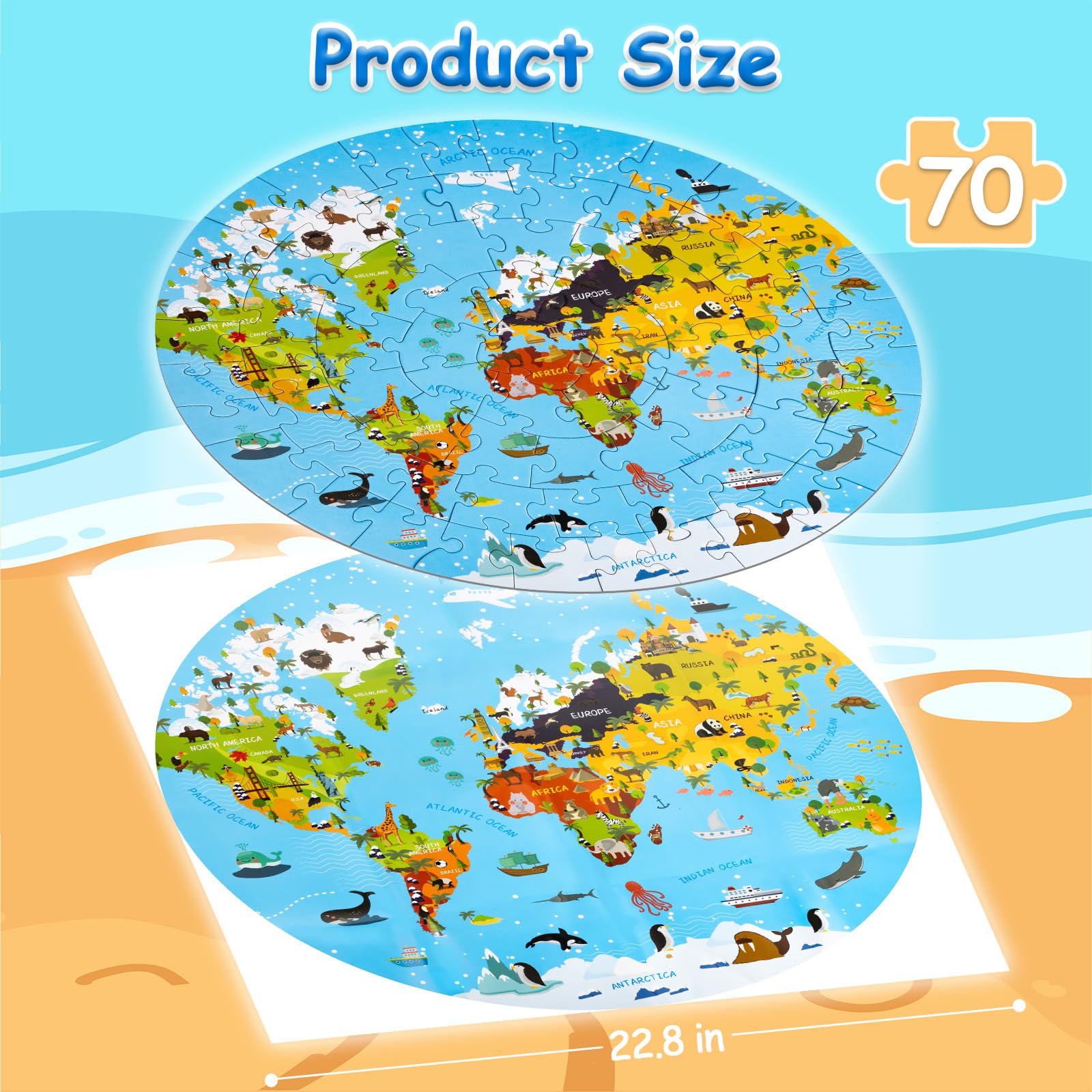 Puzzle Bambini 3 Anni, 70 Pezzi di Puzzle Della Mappa del Mondo, Giochi per Bambini Puzzle Cartone Materiale, Regalo Bambina per Feste di Compleanno 4 5 6 7 8 9 10 Anni