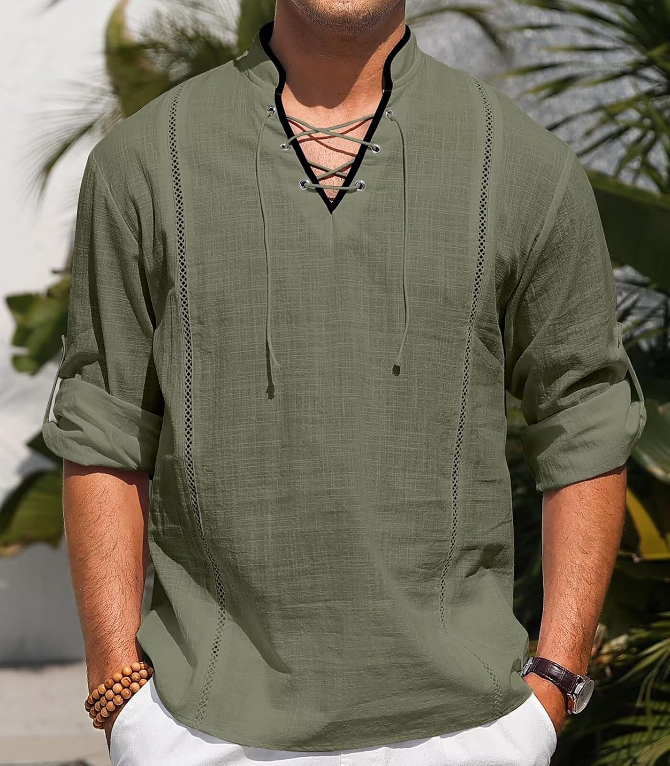 EDITCOZY Men's Pirate Shirt Costume Drawstring Tops Renaissance Viking Medieval Halloween Cotton Linen Shirts - Image 3