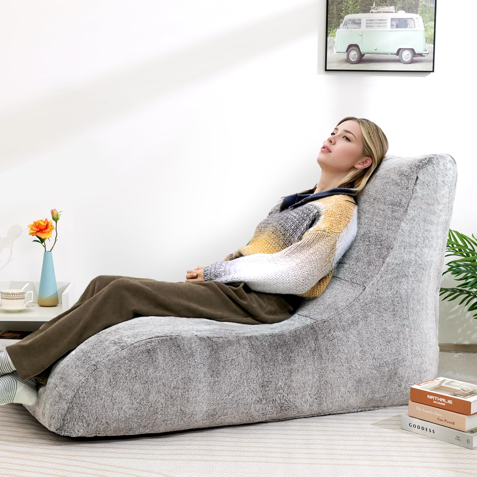 HollyHOME Accent Furry Bean Bag Chair, Extra-Large Zero-Gravity Chaise Lounge Chair for Adults, 30LB Memory Foam Bean Bag Sofa, Reading Lazy Chair for Living Room, Bedroom, Coffee