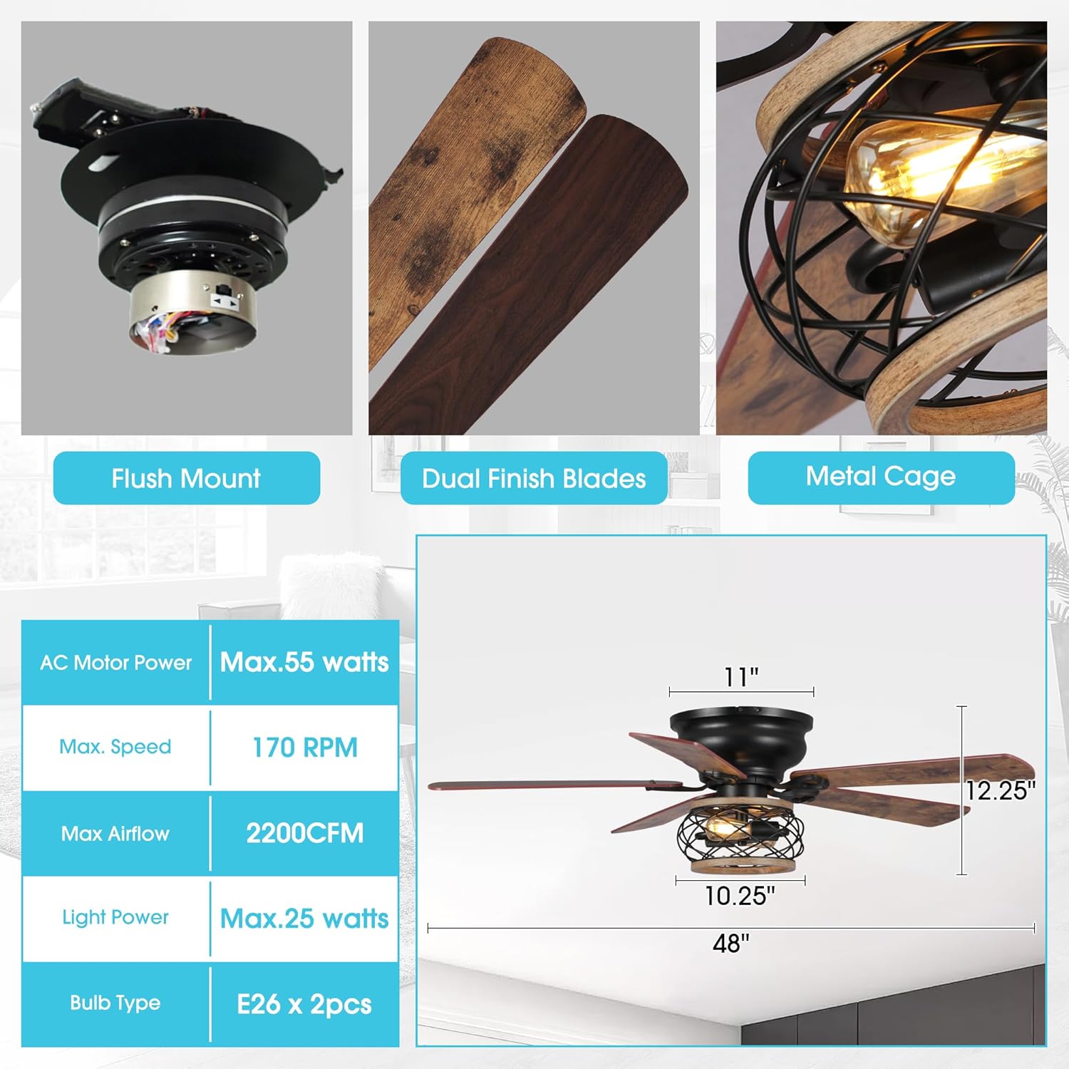 Ceiling Fans with Lights Low Profile 48 Inch Farmhouse Flush Mount Ceiling Fan with Light and Remote Control, Black Chandelier Fans for Bedroom, Reversible AC Motor, Timer, Ventilador de Techo con Luz