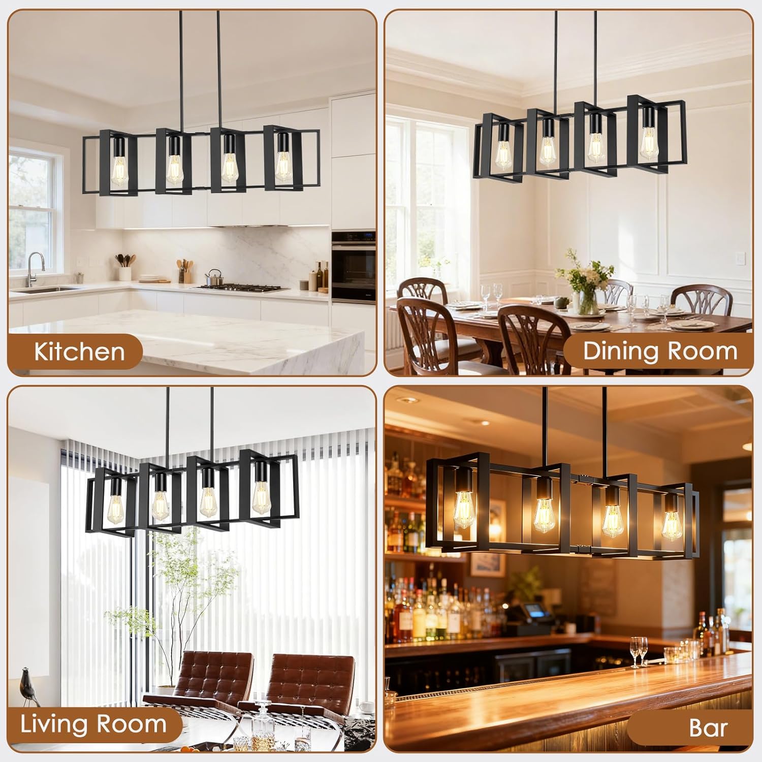Dining Room Light Fixture, 4-Light Kitchen Island Lighting, Height Adjustable Island Lights For Kitchen, Black Linear Chandeliers For Dining Room, Metal Farmhouse Chandelier for Living Room(No Bulb)
