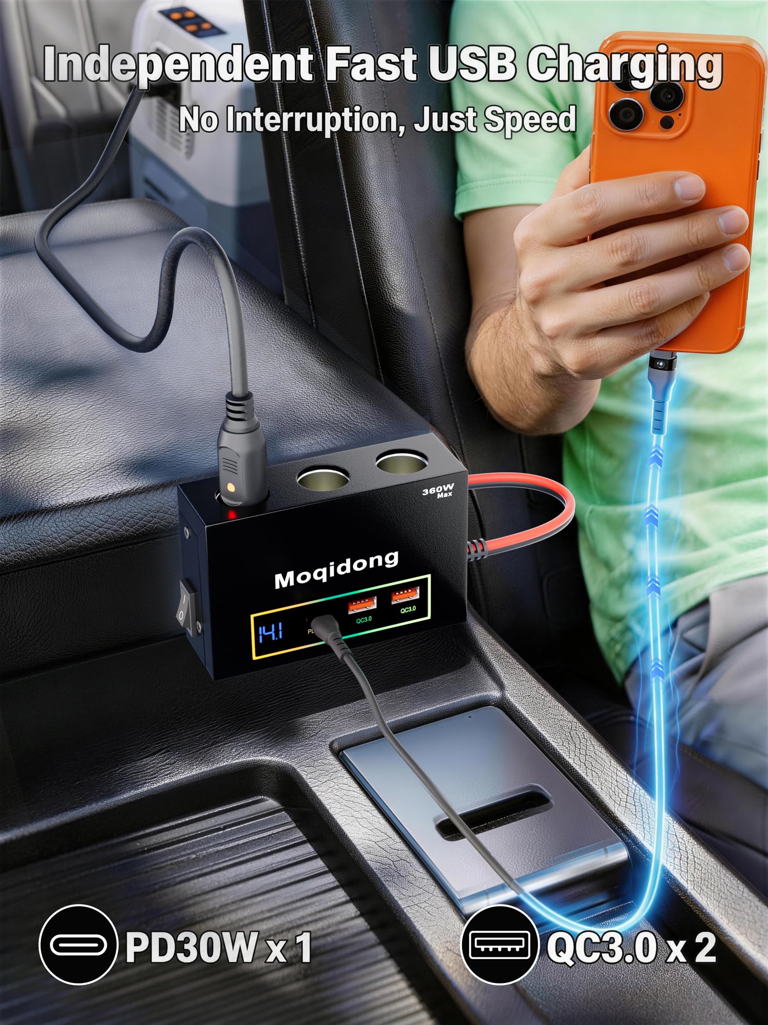 Presa Accendisigari 12V USB PD30W QC3.0 Illuminata per Auto, Camper, Barca con Voltmetro