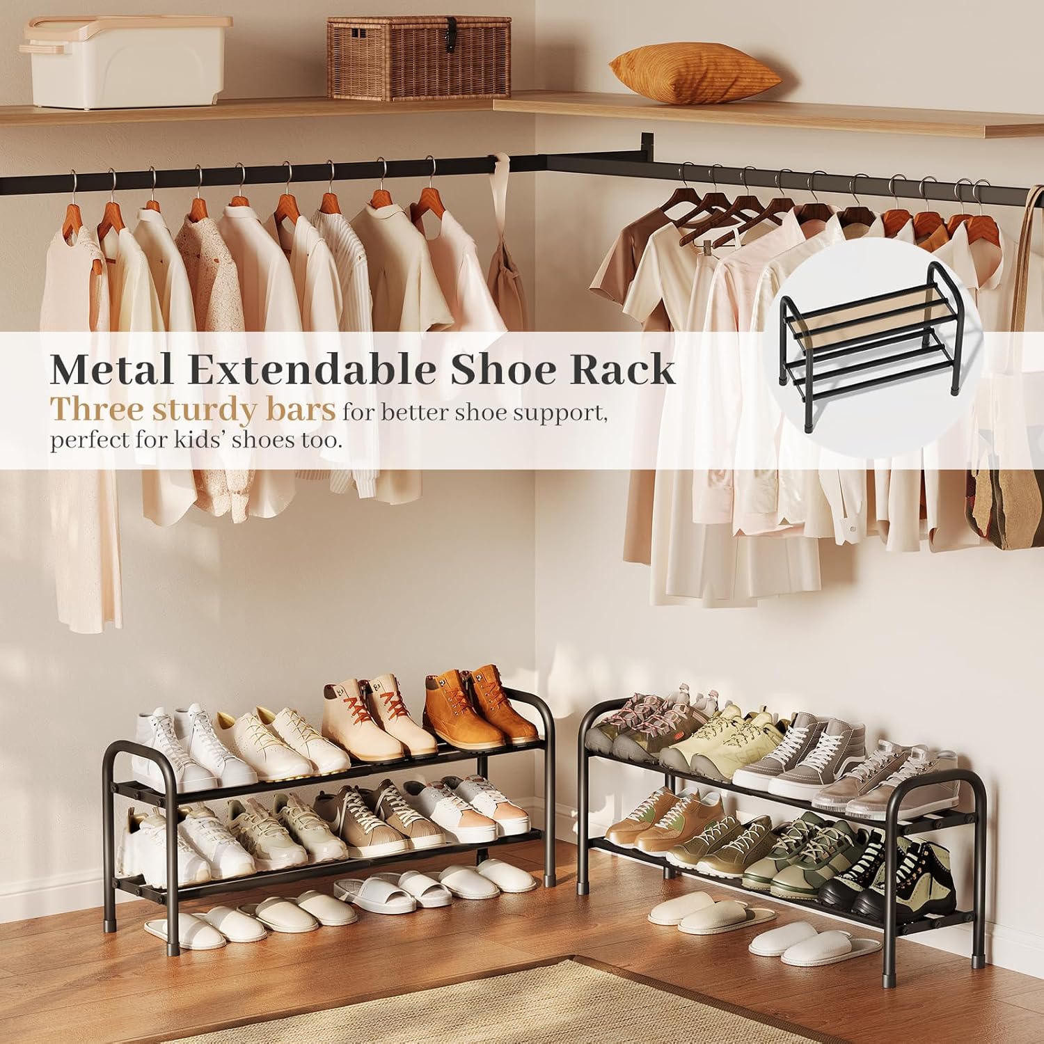 Expandable Shoe Rack, 2-Tier Metal Shoe Storage Shelf, Adjustable Shoes Organizer for Closet, Entryway and Small Space, Black