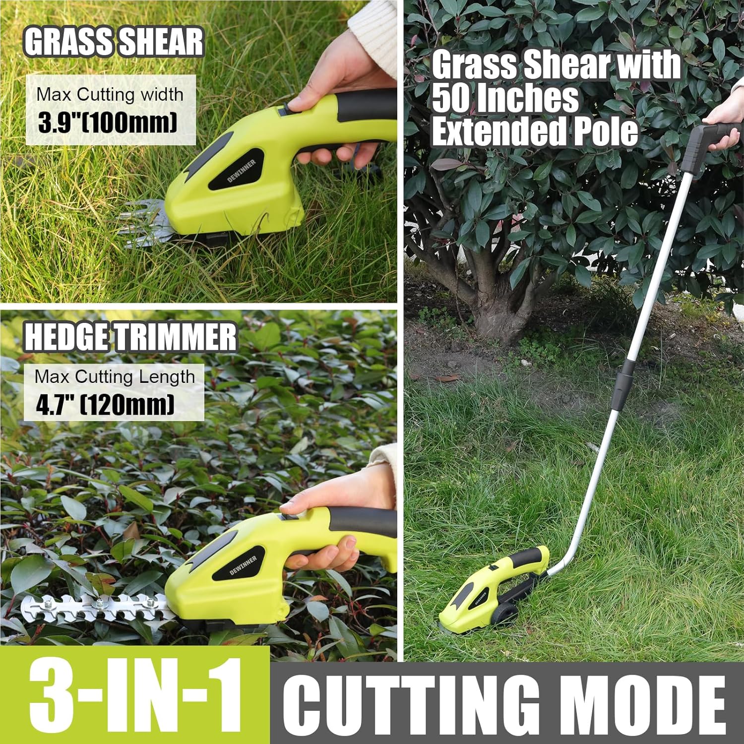 DEWINNER 2-in-1 tool showing grass shear, hedge trimmer, and grass shear with extended pole