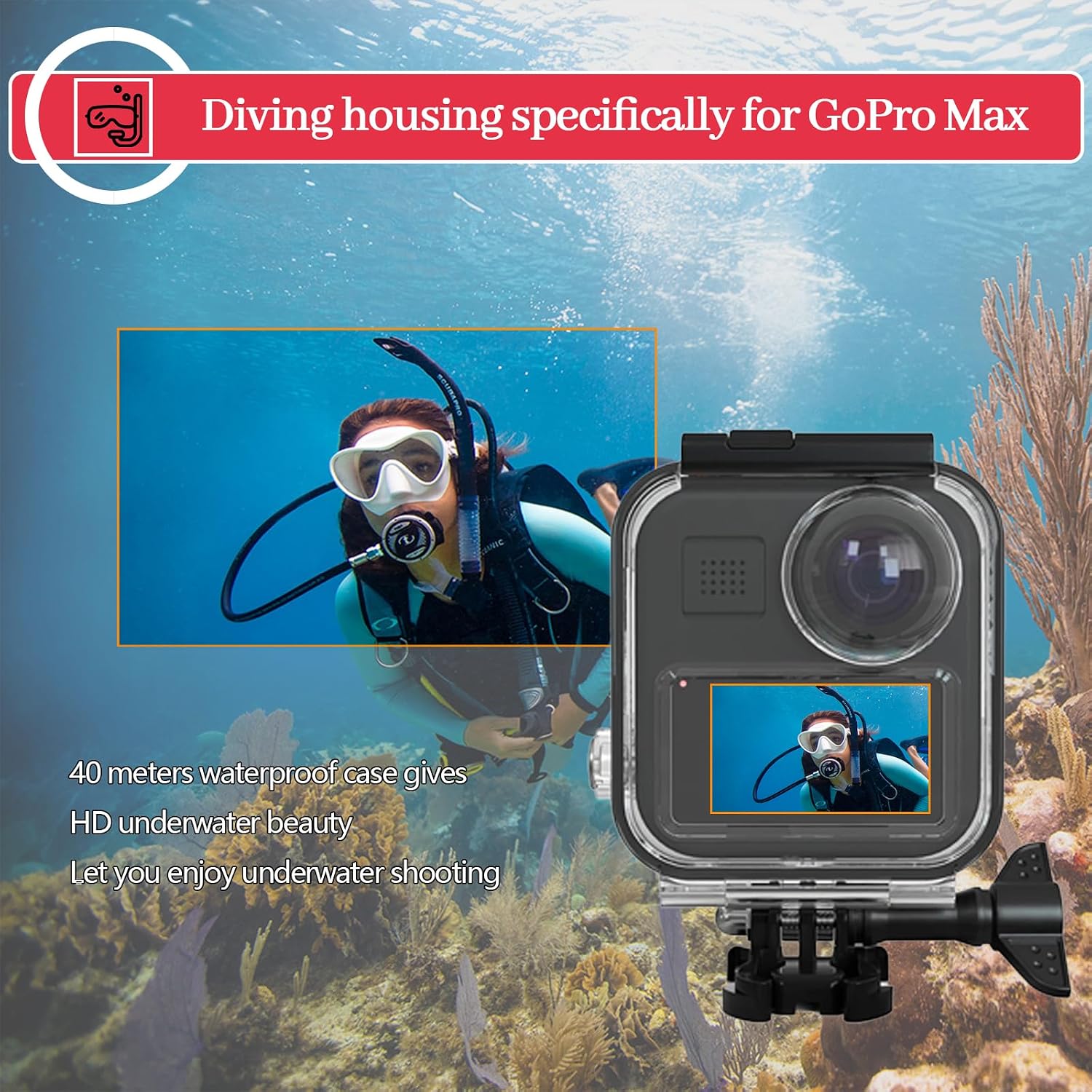 Ultimate Underwater Dive Housing Case Compatible with GoPro MAX – 40m/131ft Waterproof Protective Shell with Corrosion-Resistant PC & Tempered Glass Lens 2019