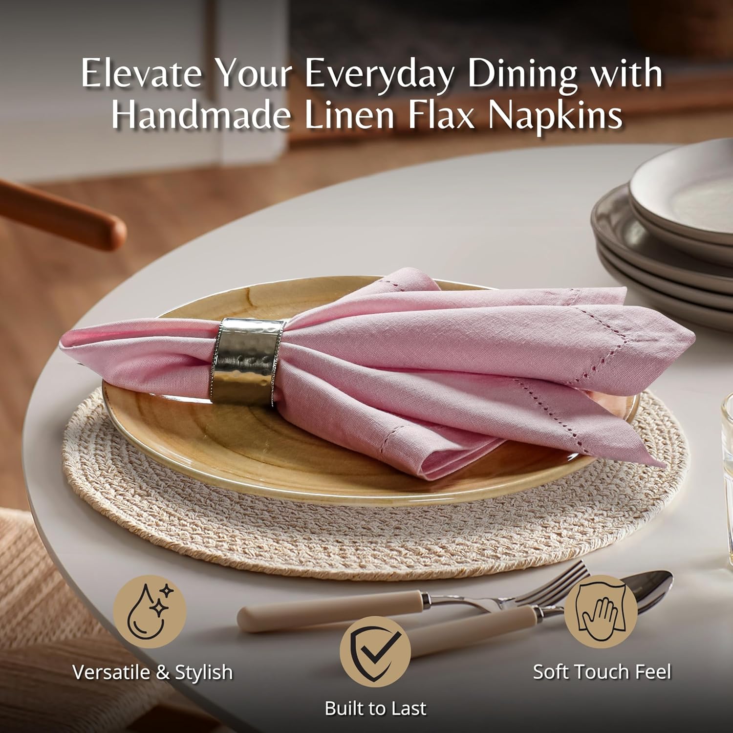 Ramanta Home Pink Cloth Dinner Napkin Set of 24-18x18 Inch, Easter Premium Cotton Linen Flax Hemstitched Napkins for Spring Decor Wedding, Party, Kitchen | Soft Durable Washable for Everyday Use