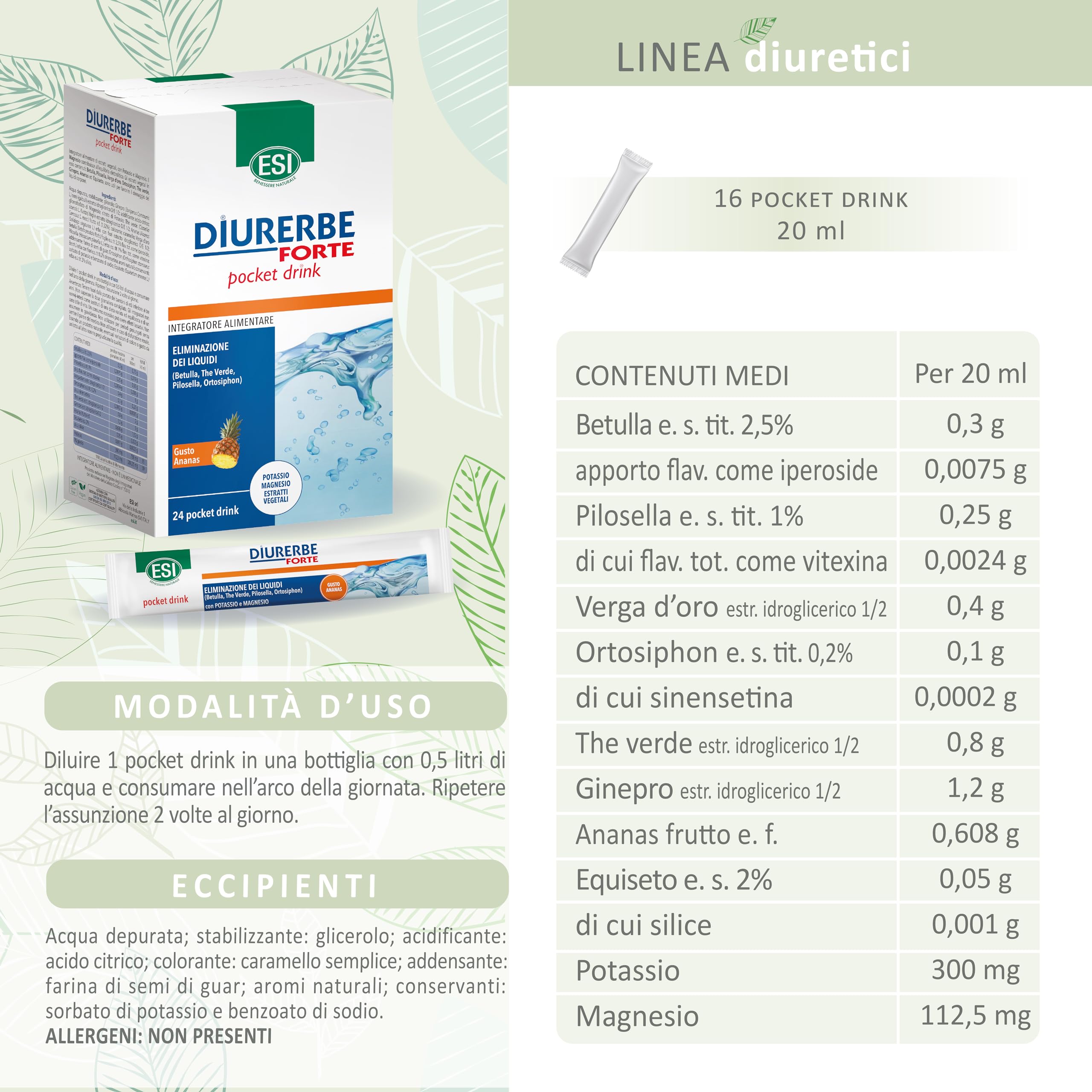 ESI Diurerbe Forte Integratore Alimentare Melograno Senza Glutine Vegano 24 Pocket Drink