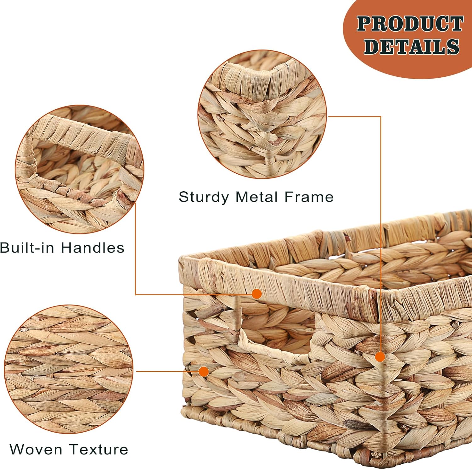 Hipiwe Water Hyacinth Wicker Storage Basket Opened Baskets Bin, Rectangular Shelf Basket Box for Organizing, Hand-Woven Closet Bedroom Organizer Bin Decorative Baskets with Handles, 13.8”x9.3"