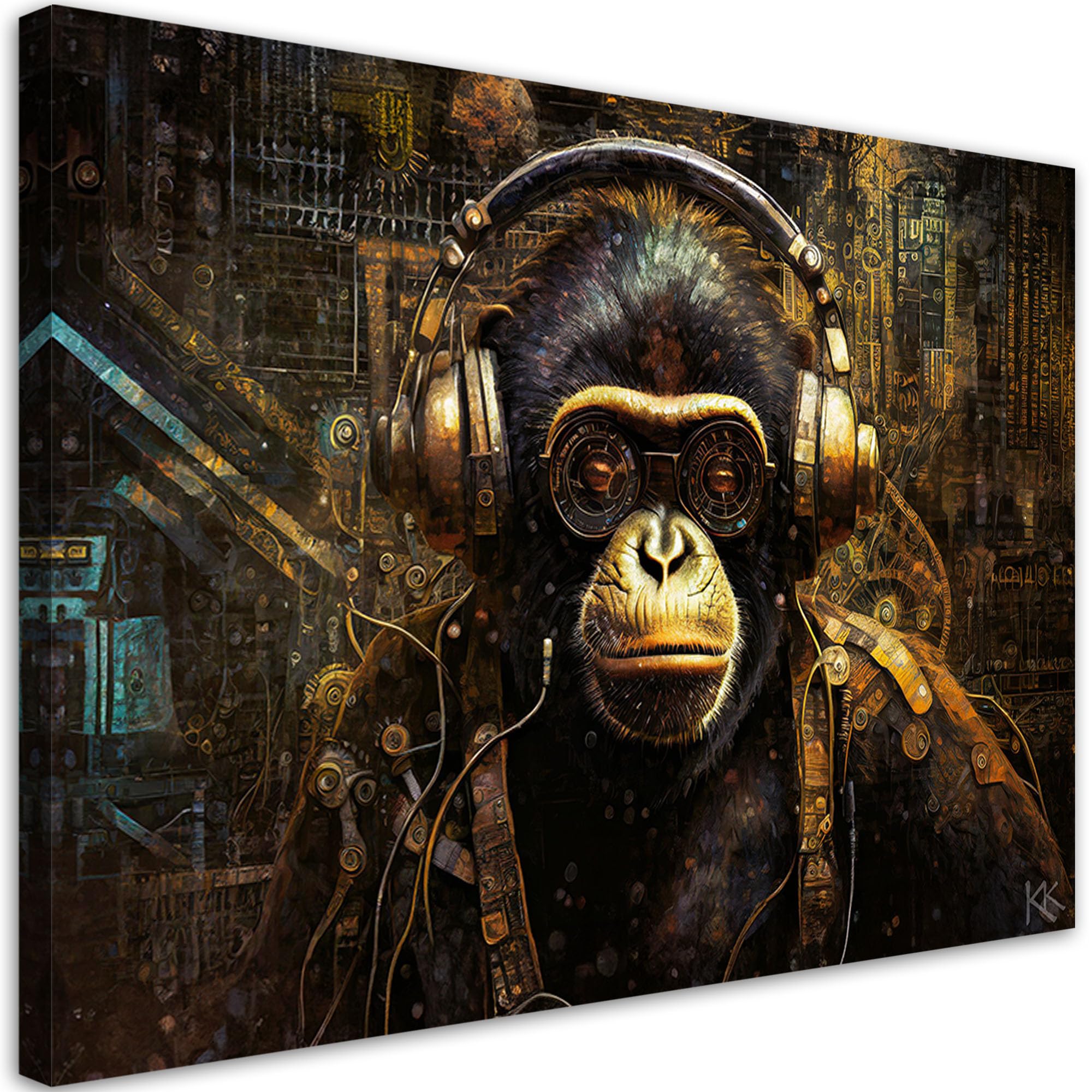 Feeby Vlies - Leinwand Bilder - Affe im Kopfhörer - 120x80 cm - Deko Wohnzimmer - Wandbilder Schlafzimmer - Deko Aesthetic - Wand Deko - Leinwand Groß - Deko Zimmer - Leinwandbilder XXL