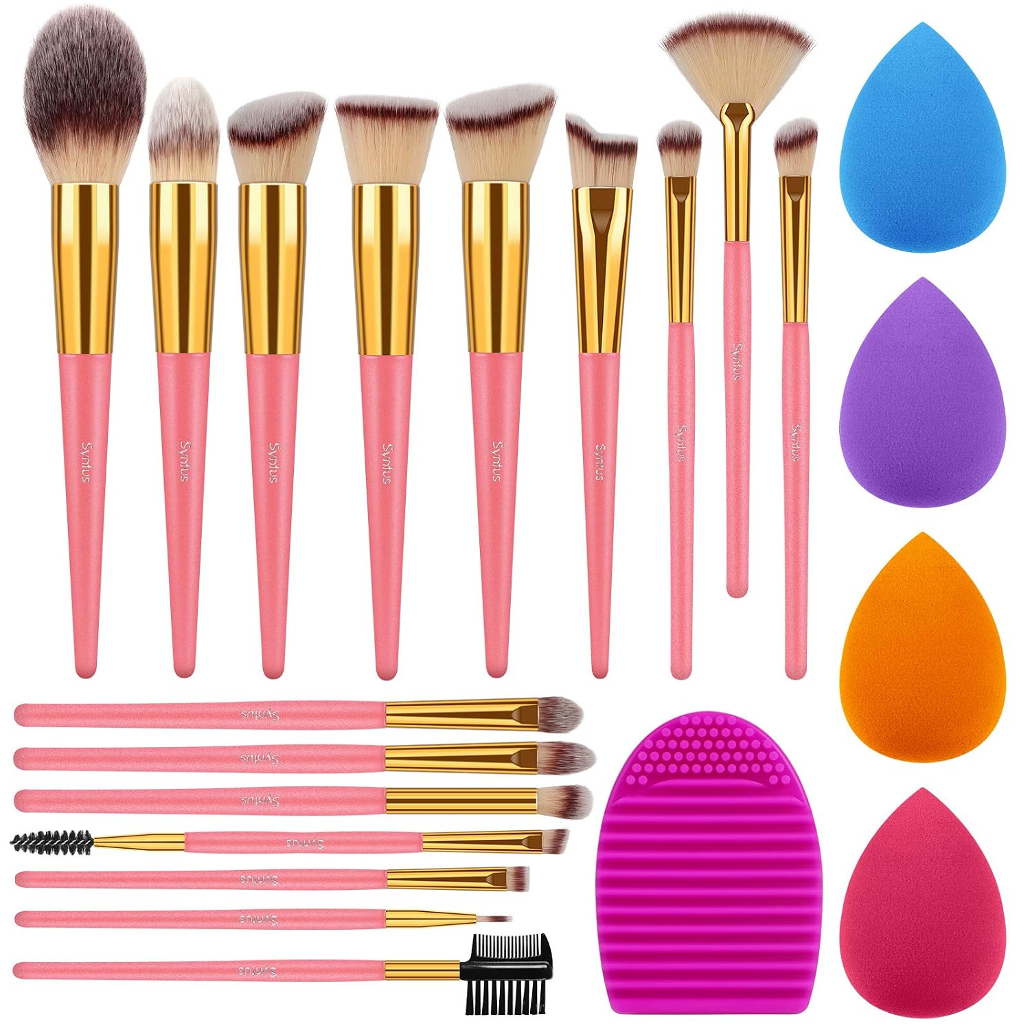 Syntus Makeup Brush Set, 16 Makeup Brushes & 4 Blender Sponges & 1 Brush Cleaner Premium Synthetic Foundation Powder Kabuki Blush Concealer Eye Shadow Makeup Brush Kit, Pink Golden