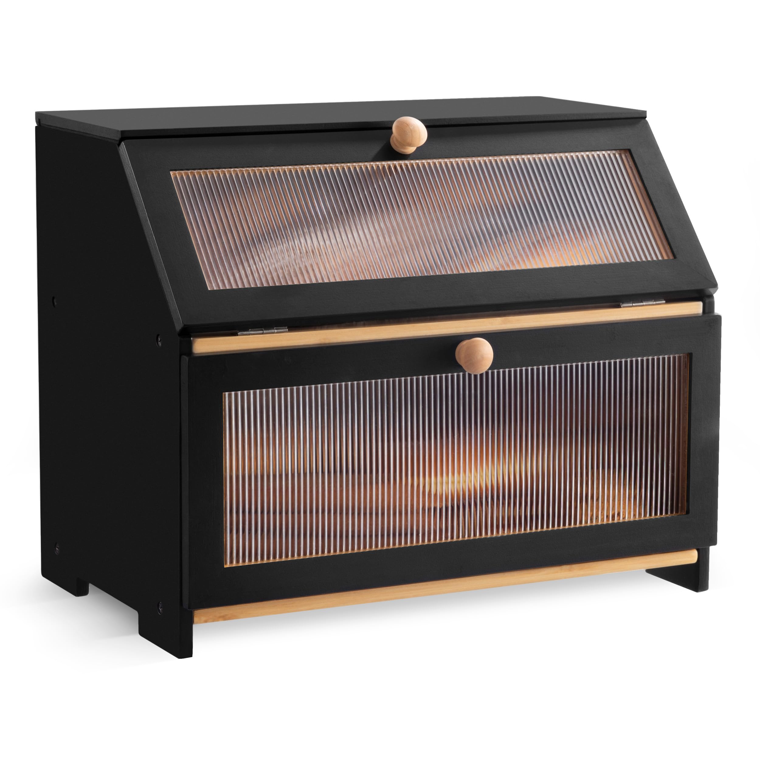 Famyards Double Layer Bread Box for Kitchen Countertop, Bamboo Large Capacity Bread Storage Case, Breadbox Organizer with Window for Kitchen Counter, Cabinet and Pantry (Black)