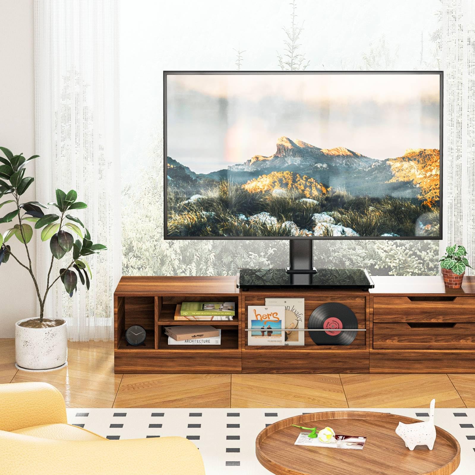 Rfiver Universal Table Top TV Stand TV Base Replacement for Most 27-60 Inch LCD LED Flat Curved Screen TVs Holds up to 88lbs, Height Adjustable TV Mount Stand with Tempered Glass Base, VESA 400x400mm