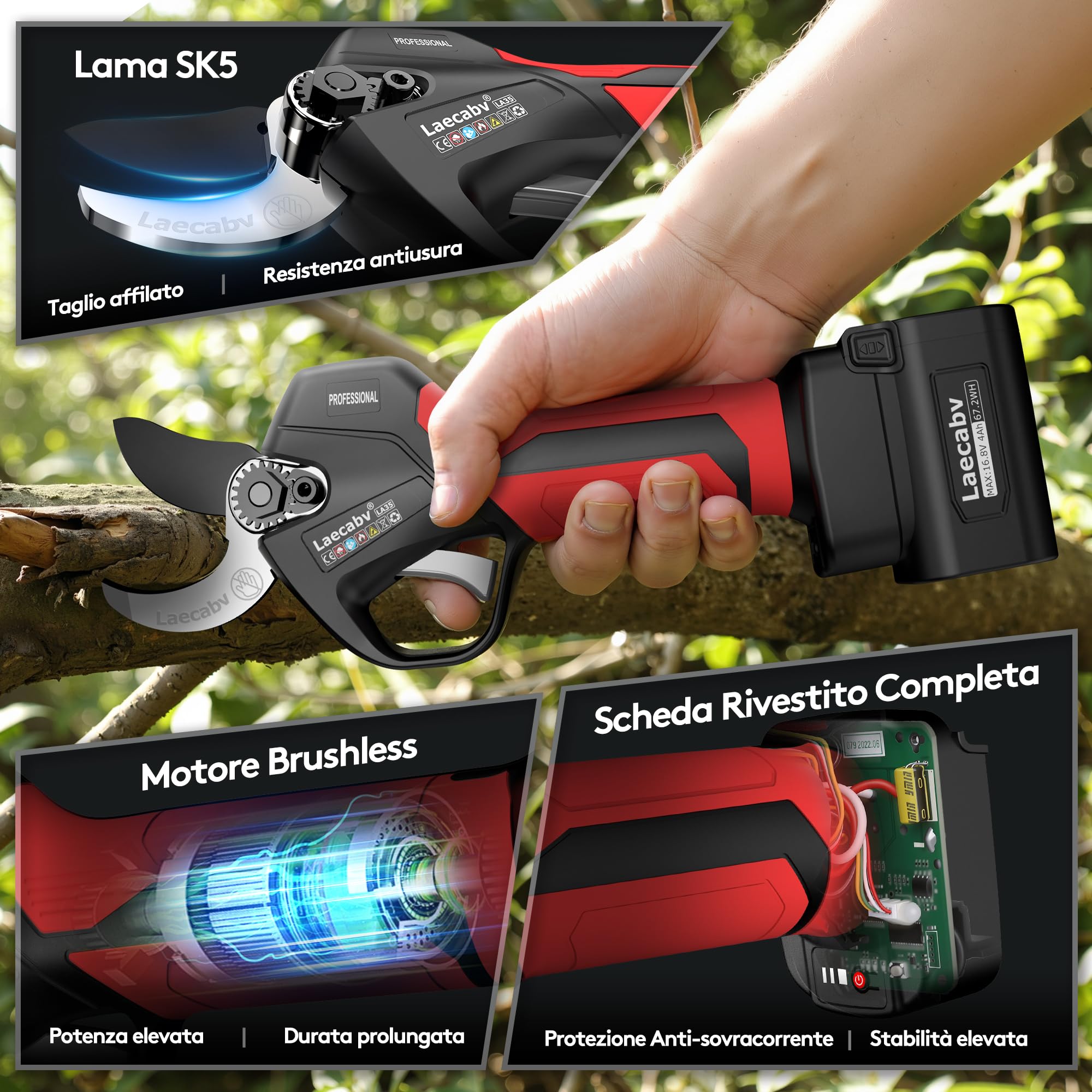 Laecabv 35mm Forbici Potatura a Batteria, Cesoia Elettrica Professionali, 2 Batterie 4Ah, Protezione Anti-Taglio, Taglio Progressivo, Cesoie Olivo Vigneto, Compatibile LA-E05