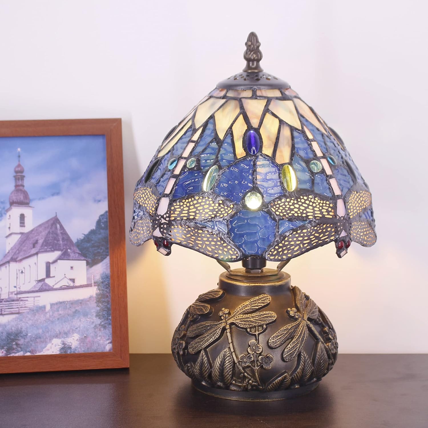 Small Tiffany Lamp Mini Stained Glass Table Lamp Navy Blue Dragonfly Style Mushroom Desk Light Memory Sympathy Lamp 8X11 Inch