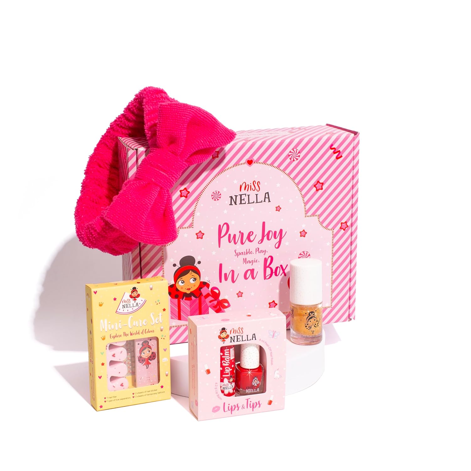 Miss Nella Pure Joy Christmas Gift Box, Kids Makeup Set with Peel-Off Nail Polish, Body Glitter, Minicure Set, Lips & Tips Duo, Headband