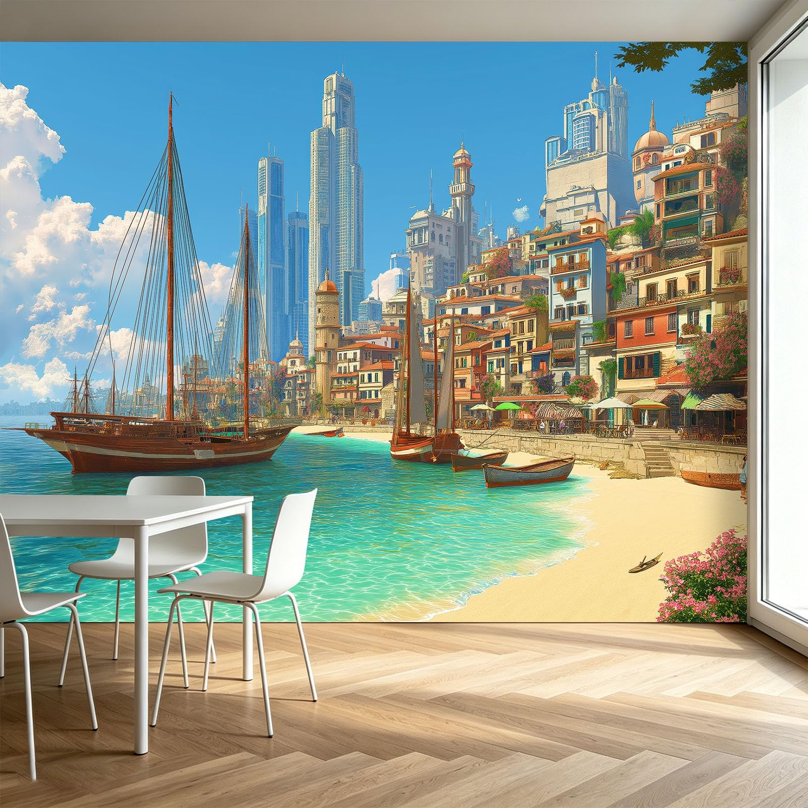 Panoramiczna tapeta plaża scena budynki łodzie 350 x 256 cm tapeta z włókniny, styl anime fresk dekoracja ścienna, do salonu sypialni biura