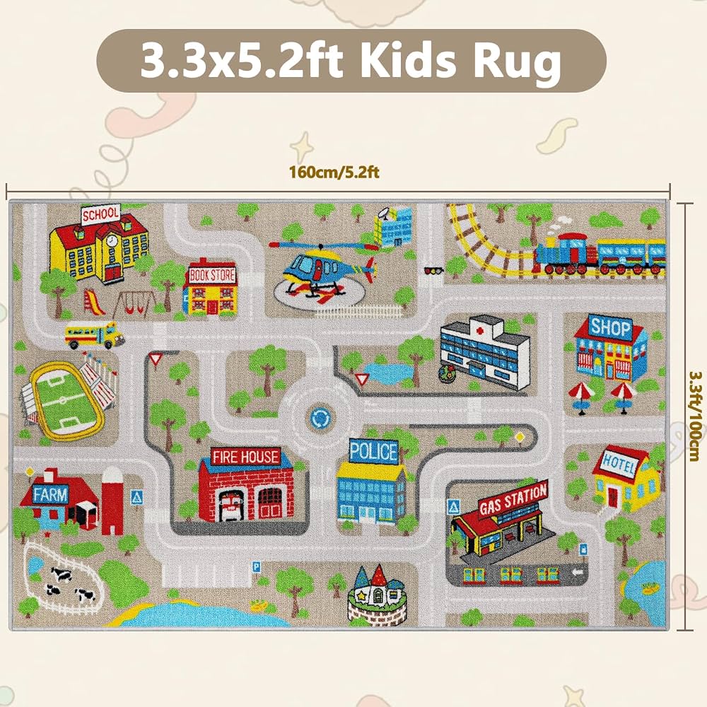 Capslpad Tapis de salle de classe - 200 x 300 cm - Tapis pour enfants - Pour l'école primaire - Jouet pour tout-petit - Voitures - Tapis de circulation routière - Pour salle de jeux, chambre à coucher