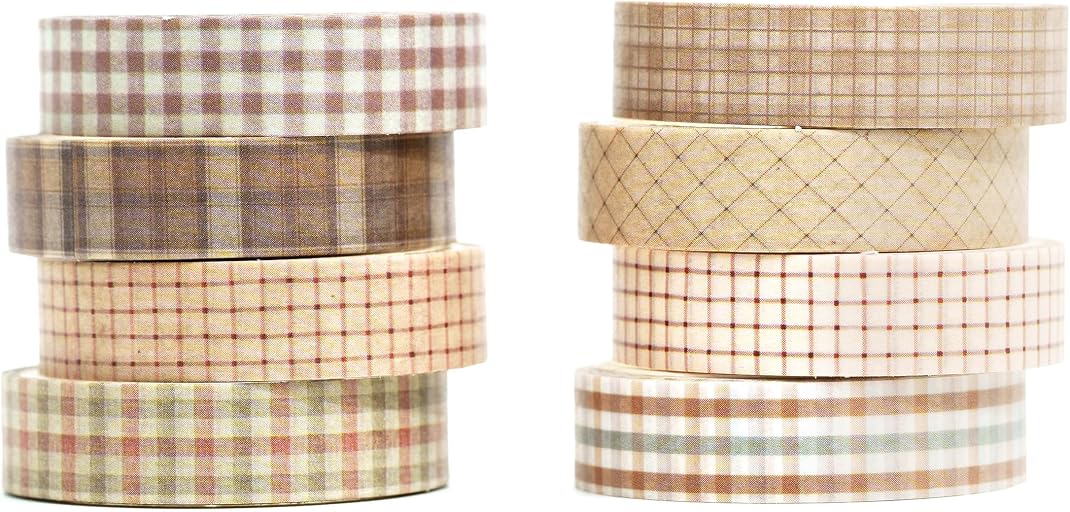 Vintage Washi Tape Set 8 Rolls Thin Retro Decorative Antique Patterns Masking Tapes for Arts, DIY Crafts, Journals, Planners, Scrapbook, Wrapping (Retro Plaid)
