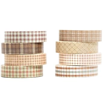 Vintage Washi Tape Set 8 Rolls Thin Retro Decorative Antique Patterns Masking Tapes for Arts, DIY Crafts, Journals, Planners, Scrapbook, Wrapping Retro Plaid