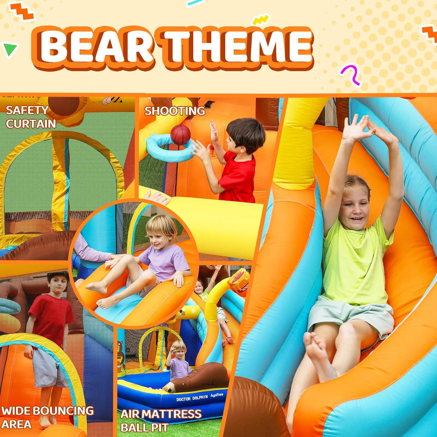 Inflatable Bounce House, Double Slide Bounce House for Big Kids, 6 in 1 Bear Jumping Castle with 450 Blower, Air Cushion, Ball Pit, Climbing Wall, Basketball Hoop