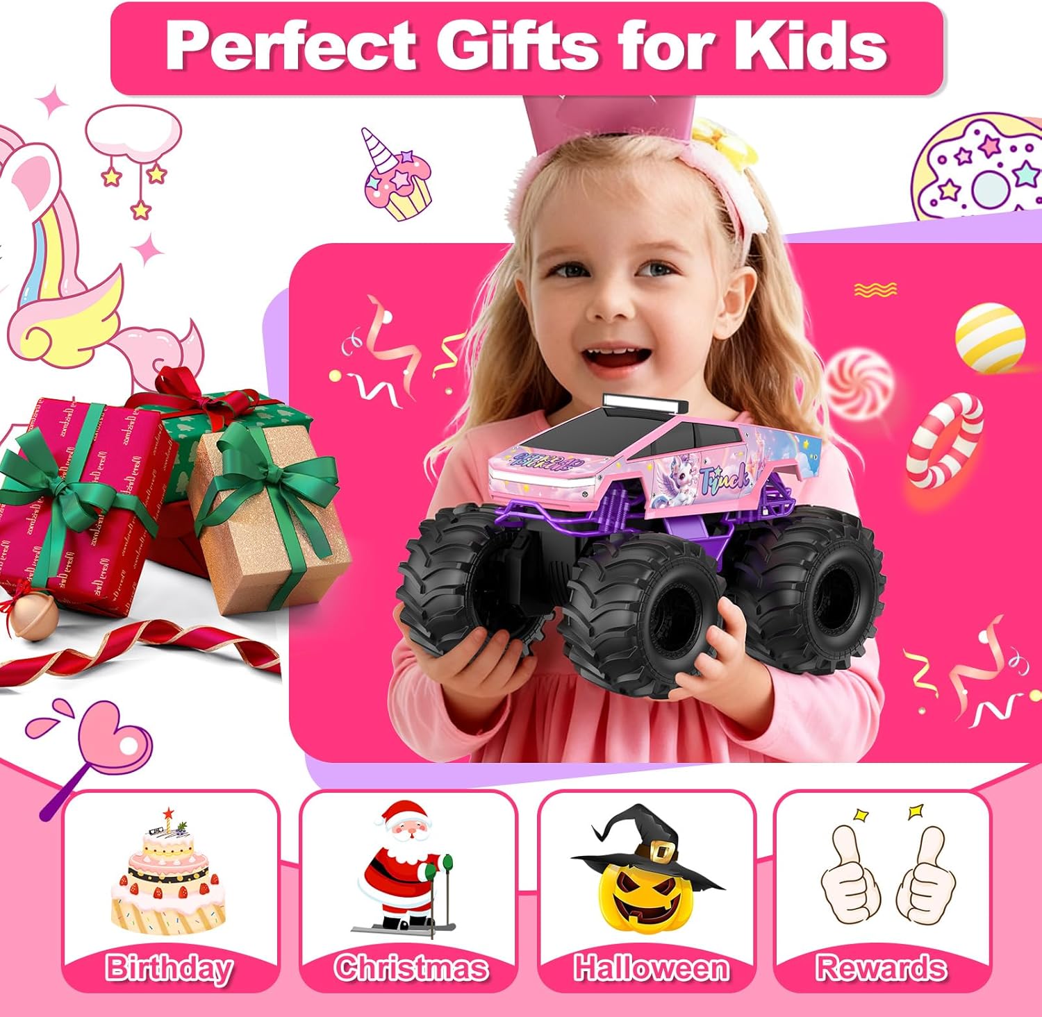 Amphibious Remote Control Car for Girls, RC Truck Waterproof 1:18 4WD All Terrain Off-Road Pick-up, 2.4GHz Pink Monster Truck Toys for 6+ Year Old Boy Girl Kids Christmas Birthday Gift