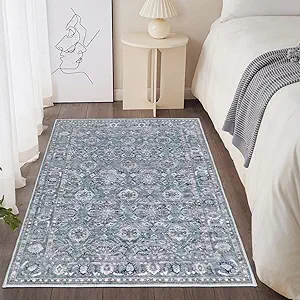 SERISSA 3x5 Boho Floral Area Rugs for Bedroom, Washable Kitchen Rugs Non-Slip, Ultra Soft Print Distressed Vintage Blue Grey Entry Rug Low-Pile Throw Rug Carpet for Bedroom Living Room Dorm Decor