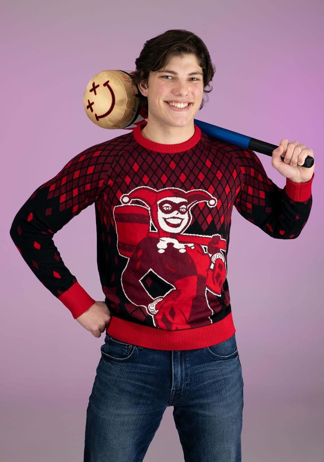 Harley Quinn Ugly Christmas Sweater for Women, DC Comics Superhero Ugly Xmas Sweaters, Red Holiday Crewneck