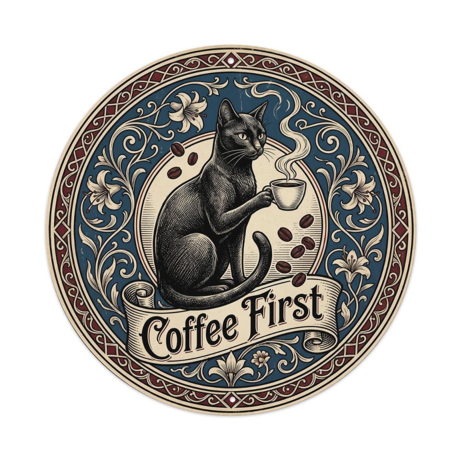 Black Cat Coffee Lover Vintage Animal Wall Decor Metal Tin Sign