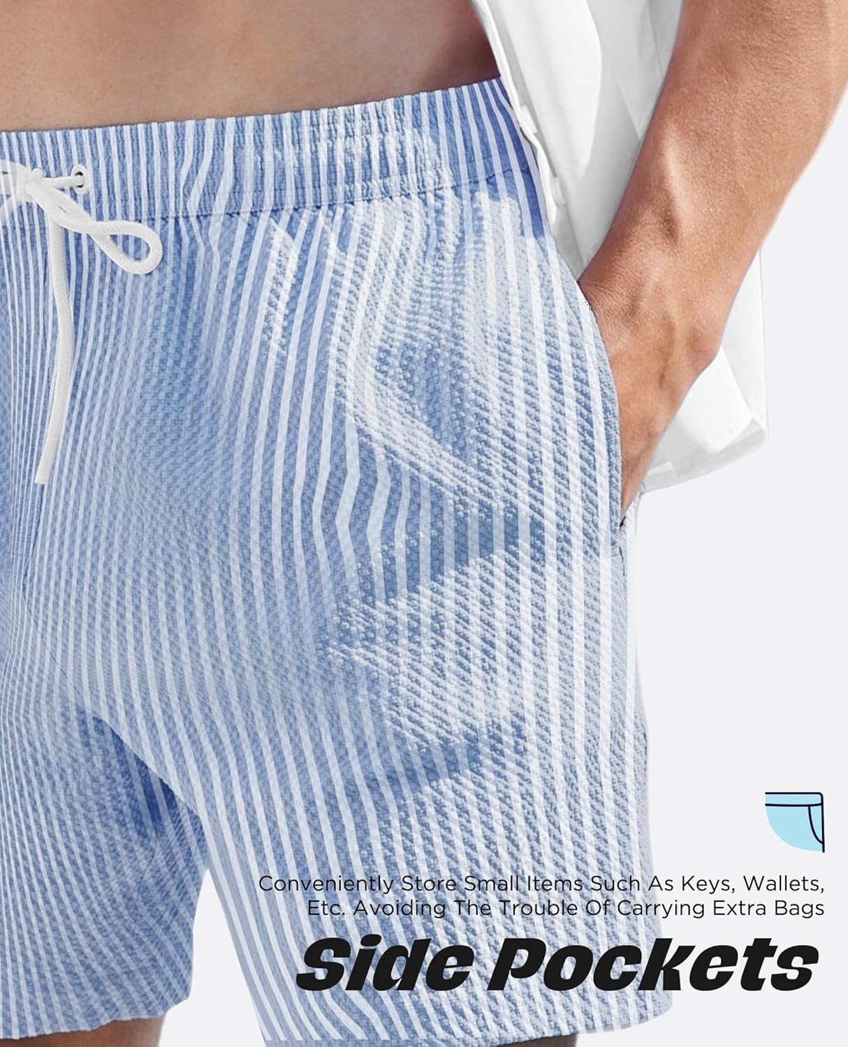 Men's Swim Shorts Seersucker Swimming Trunks for Men Beach Shorts Quick Dry Bathing Suit 5"/7"/9" with Pockets