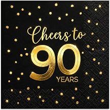 Cheers to 90 Years Gold Foil Cocktail Napkins – 50 Pack 2-Ply Disposable Birthday Napkins, Beverage Paper Napkins for Party Decorations, Wedding Anniversary Celebration