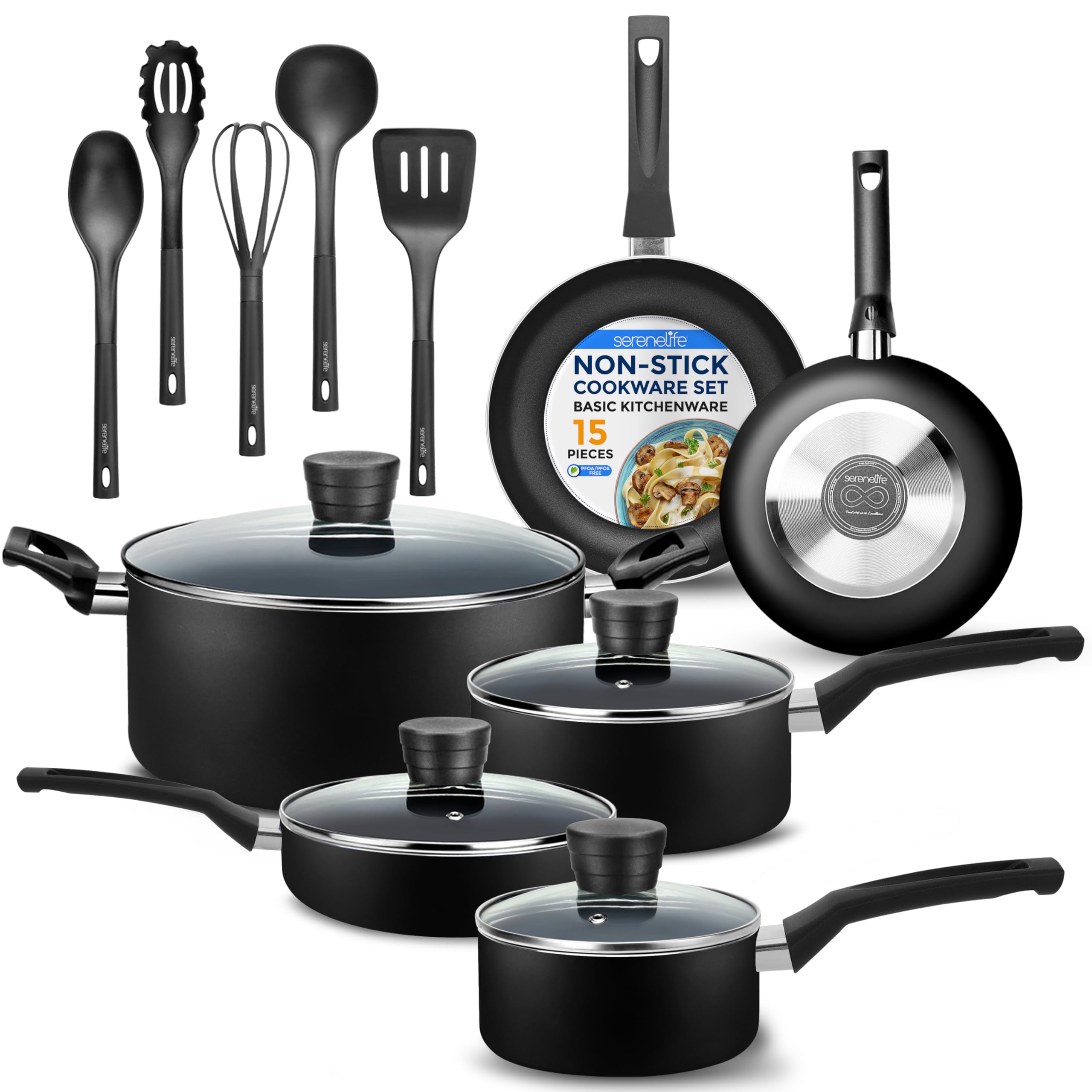 SereneLife Nonstick Pots and Pans Set 15-Piece – Aluminium Cookware Set with Glass Lids, Frying Pans, Saucepans, Cooking Pot and Kitchen Utensils, Black