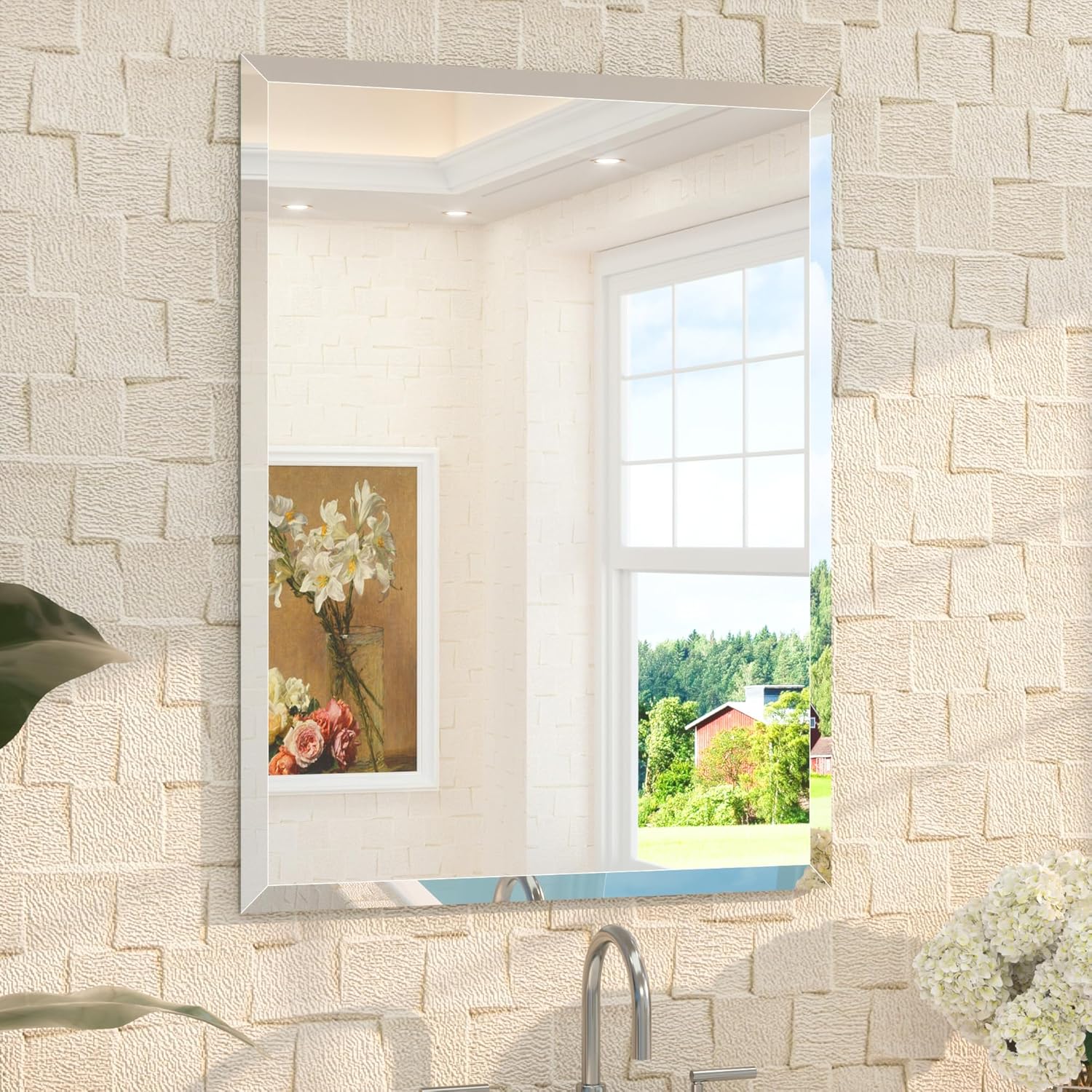 TETOTE 24" x 32" Rectangle Tempered Mirror with Frameless Beveled Edge for Vanity and Bathroom 32"L x 24"W