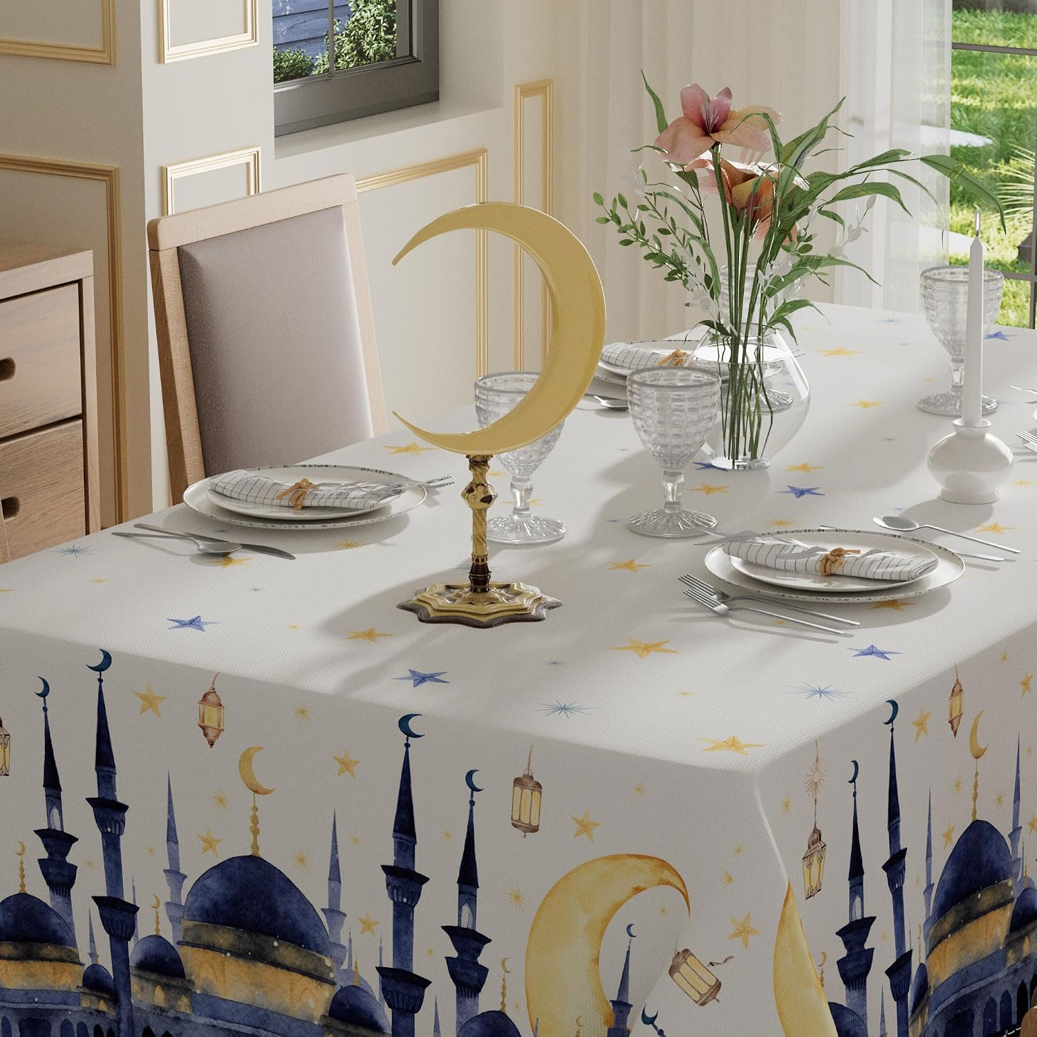 XCHI Watercolor Castle Moons Stars Ramadan Mubarak Tablecloth Rectangle Table Cloth Table Covers for Indoor Dining Home Party Decorations 60x120 Inch