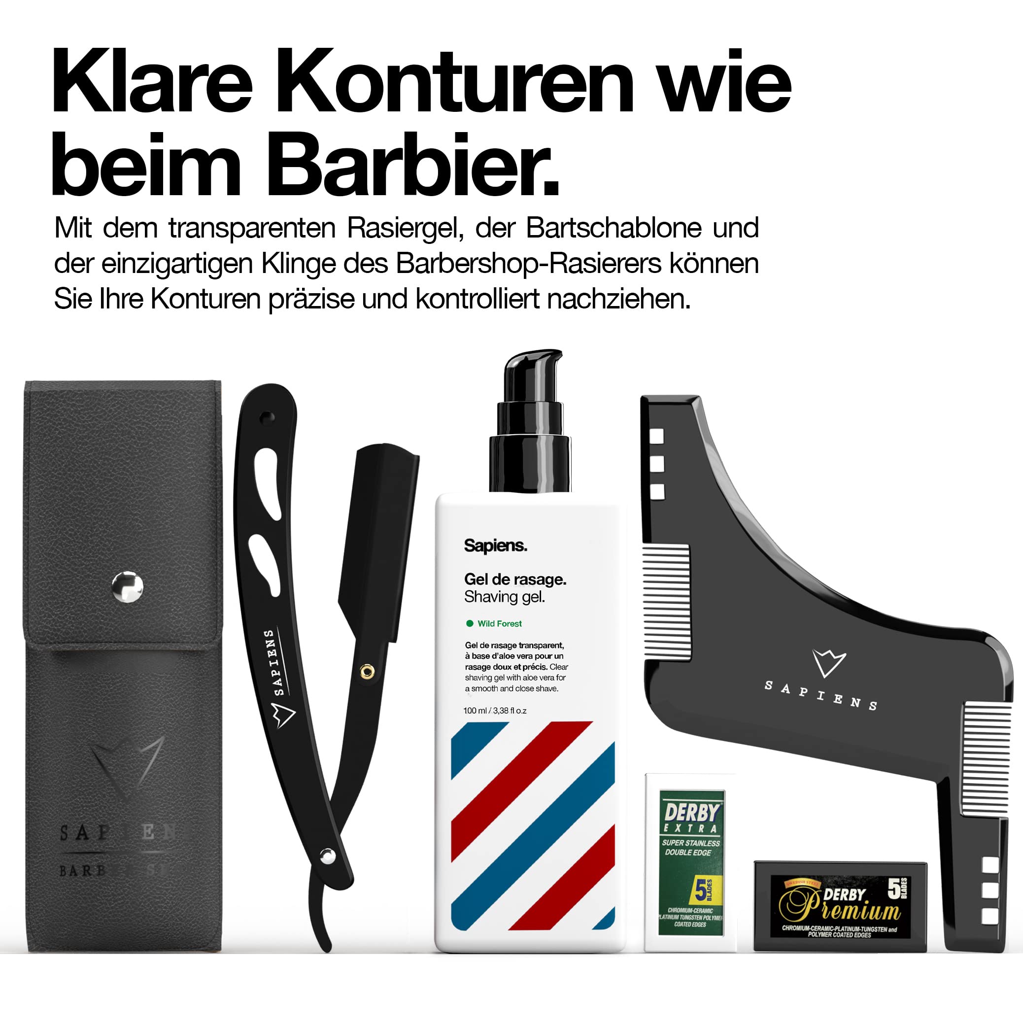 Kit Cuidado Barba Ecológico y Afeitado Sapiens - Set de Regalo Hombre - Gel de Afeitar Natural, Aceite Barba Ecológico, Bálsamo Barba Ecológico, Navaja de Afeitar Barbero, Accesorios, Bolsa de aseo