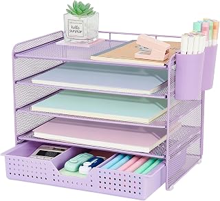 5-Tier Paper Organizer Letter Tray with Drawer & 2 Pen Holders, Desk Organizer and Accessories for Desktop File Workspace Organization, Office Desk Accessories Office Supplies Storage (Purple)