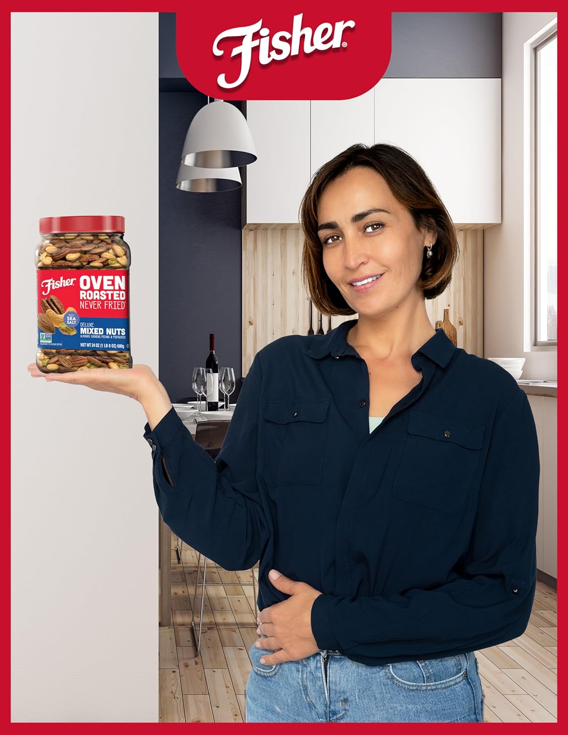 Fisher Oven Roasted Never Fried Deluxe Mixed Nuts, 24 Ounces (1 Pack) + Fisher Oven Roasted Never Fried Whole Cashews, 24 Ounces (1 Pack), Snacks for Adults