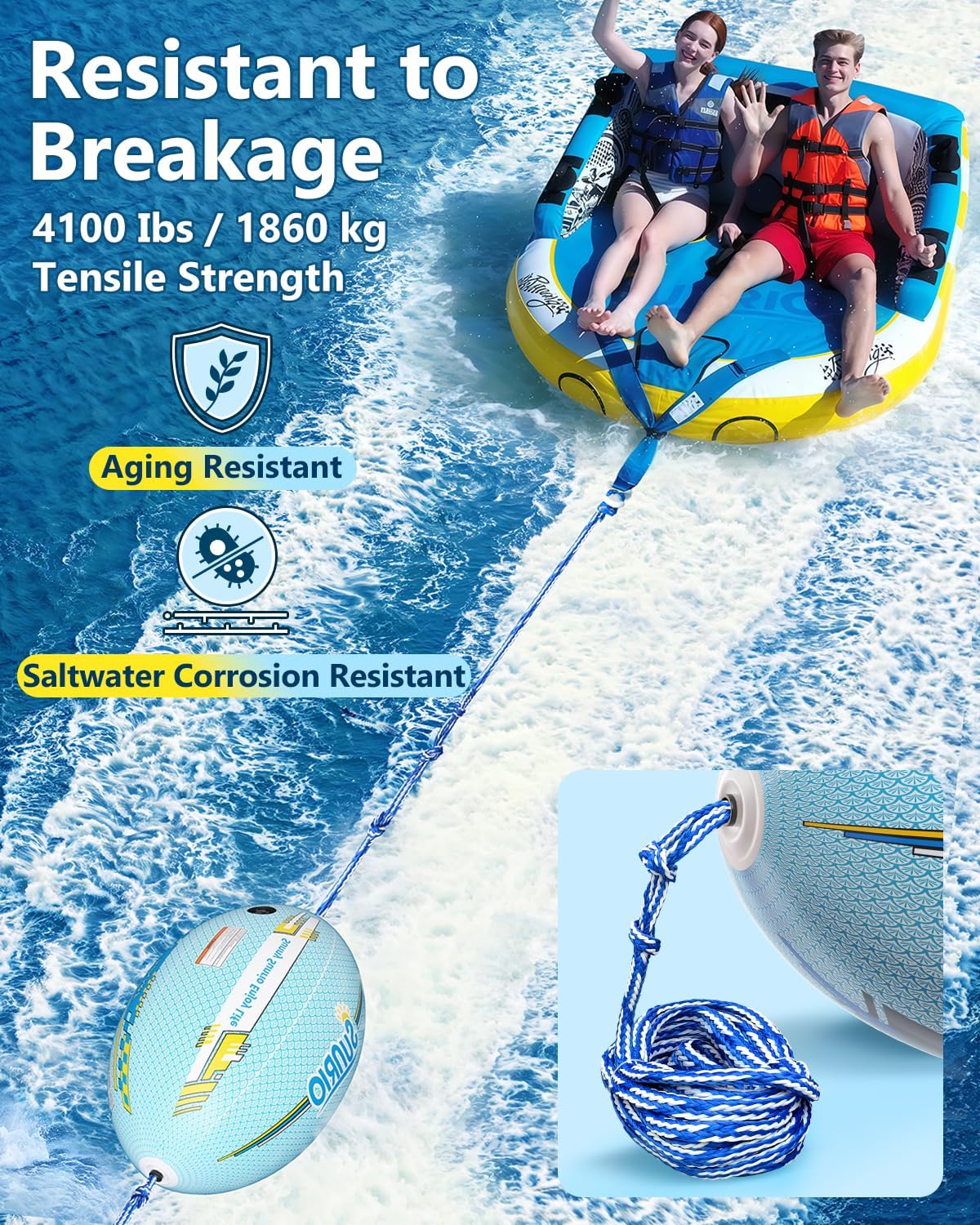 Towable Tube Rope Performance Ball Towable Booster Ball for Boating Water Skiing Wakeboarding and Water Sports Tow Rope for Tubing